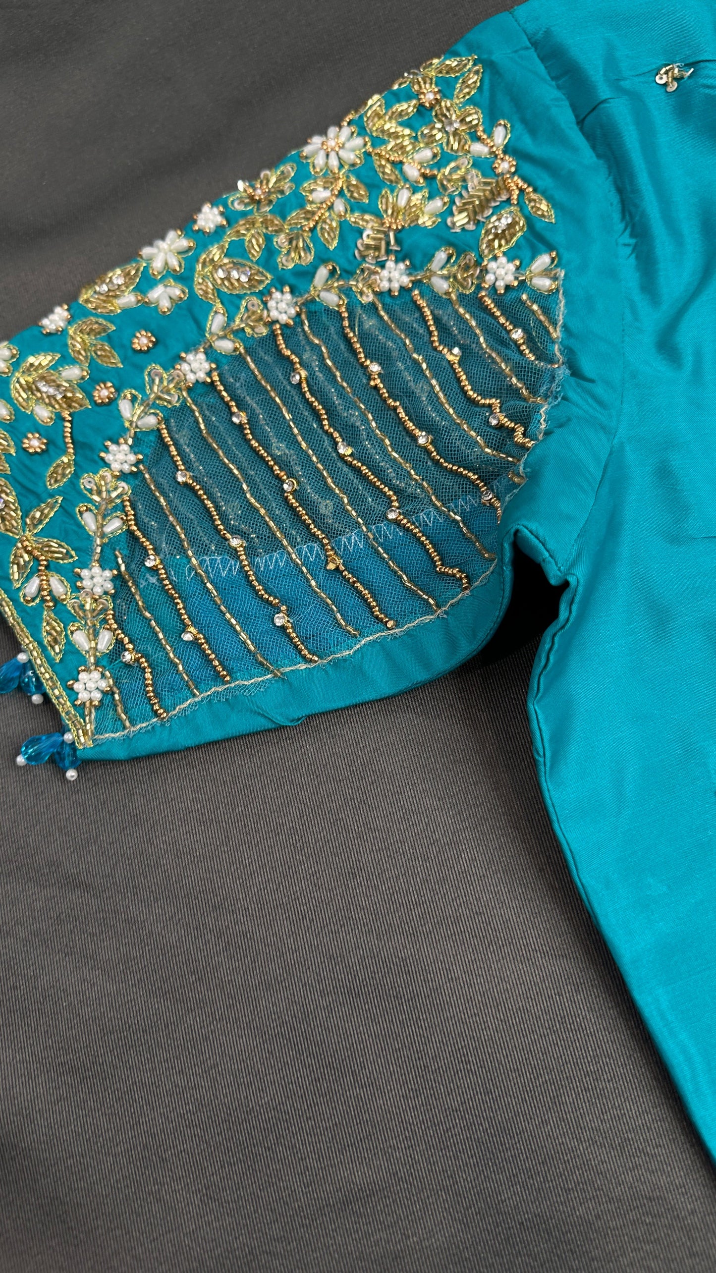 Teal Blue Net Silk Maggam Aari Blouse - 