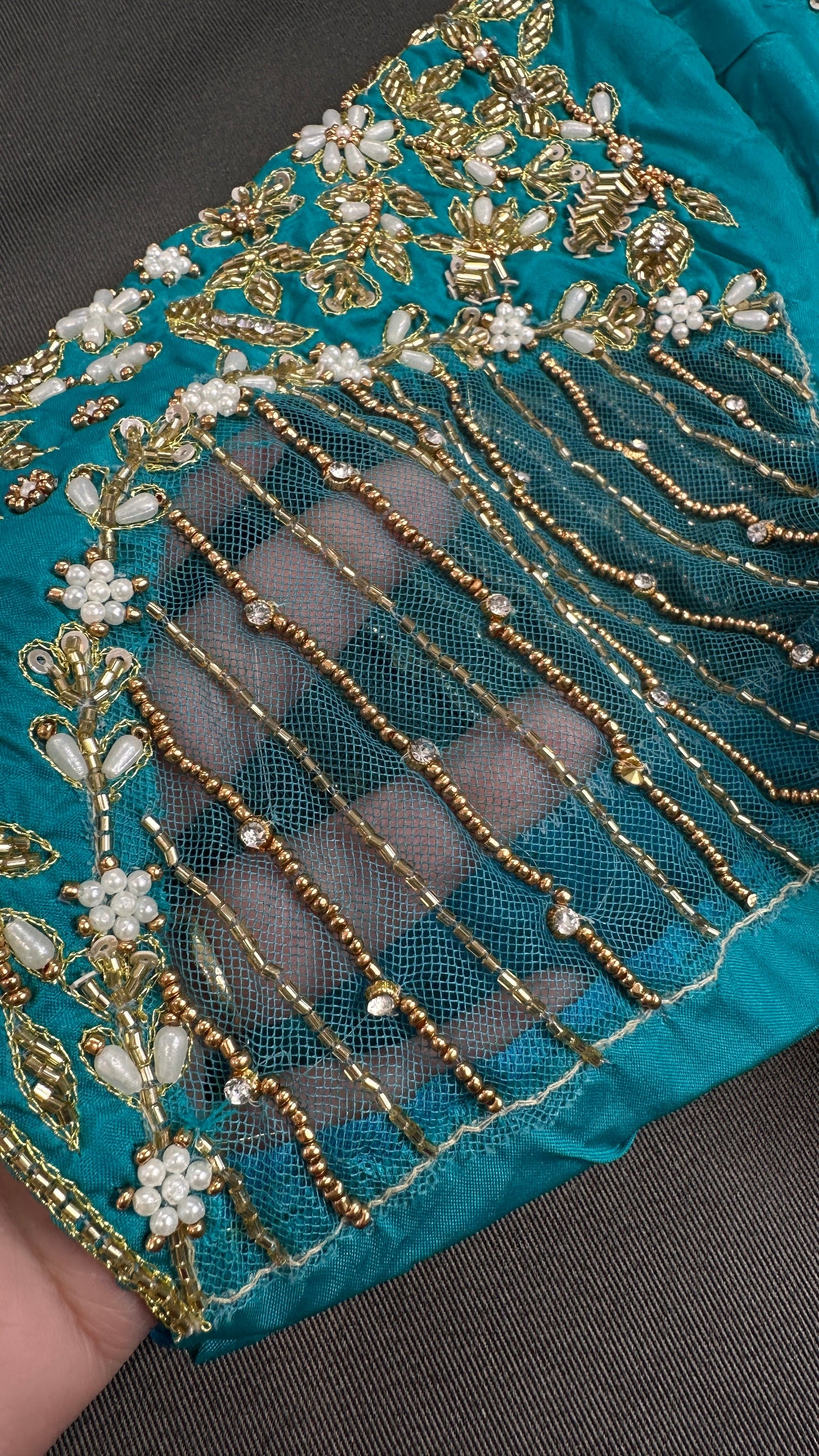 Teal Blue Net Silk Maggam Aari Blouse - 