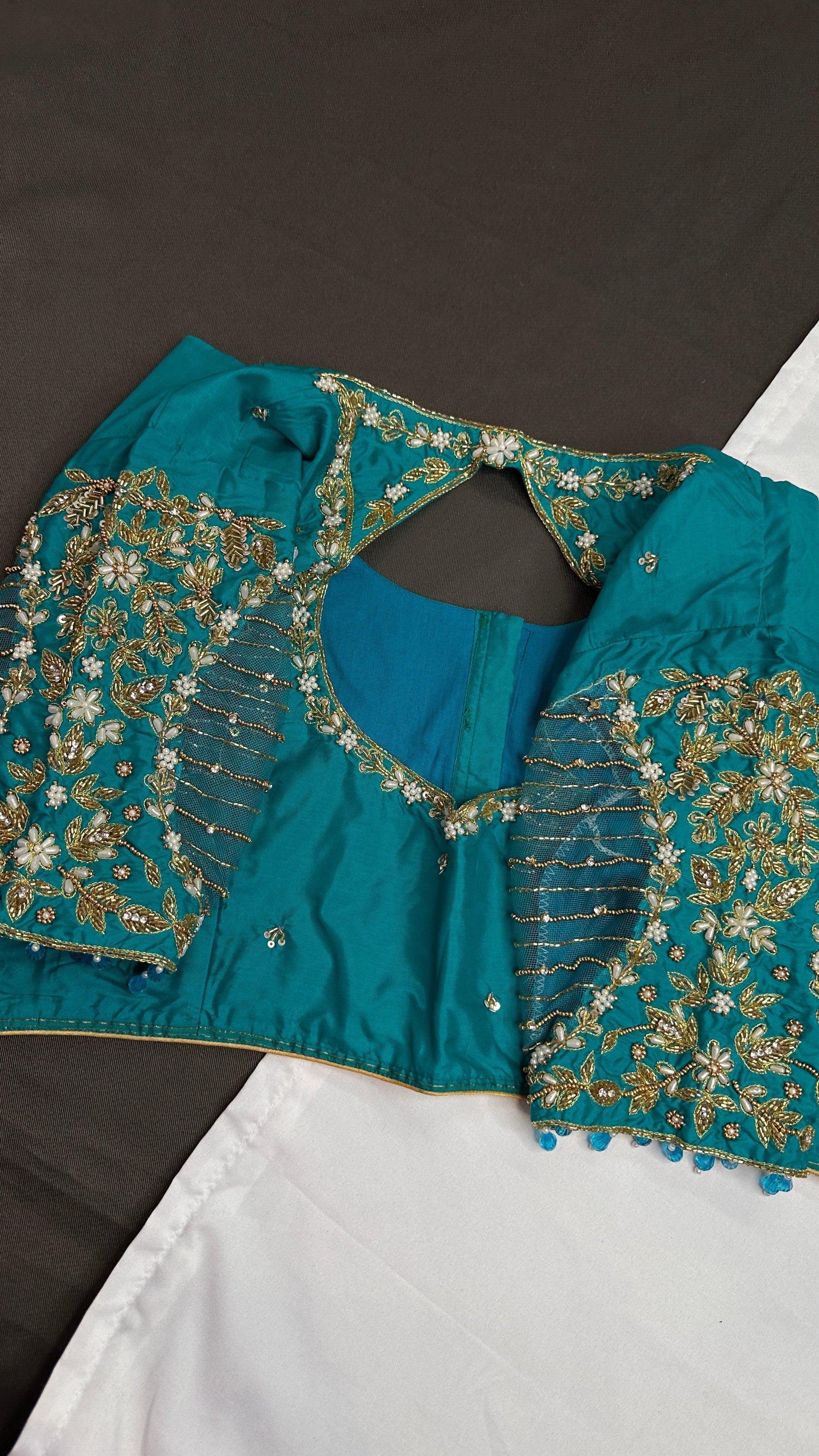 Teal Blue Net Silk Maggam Aari Blouse - 