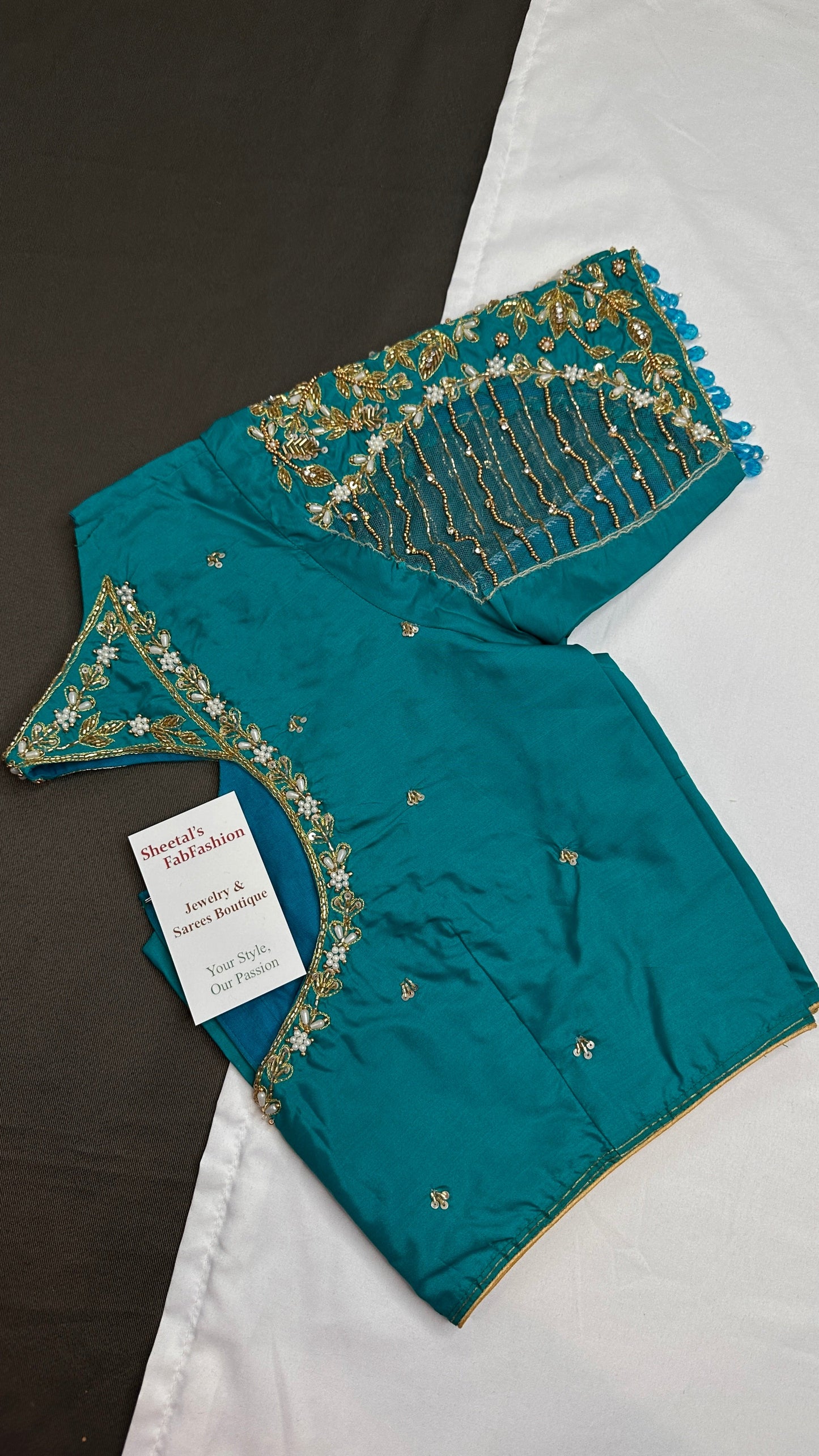 Teal Blue Net Silk Maggam Aari Blouse - 
