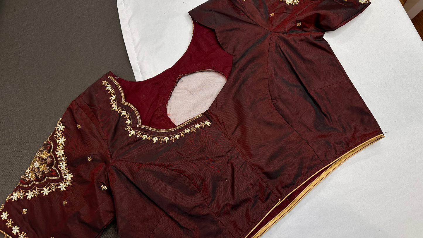 Brown Silk Maggam Aari Blouse - 