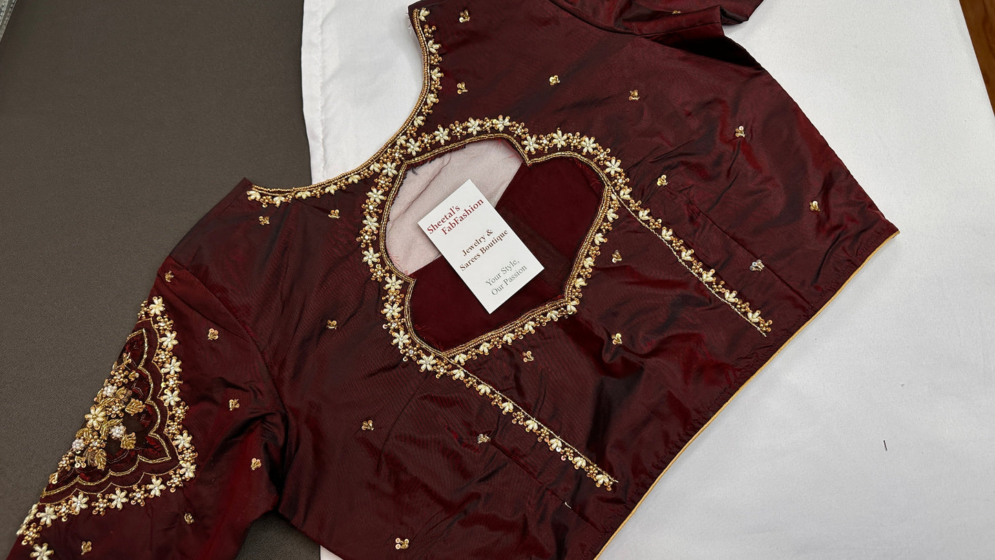 Brown Silk Maggam Aari Blouse - 