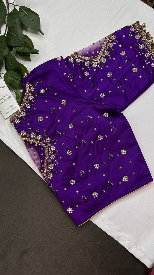 Purple Net Silk Maggam Aari Blouse - 