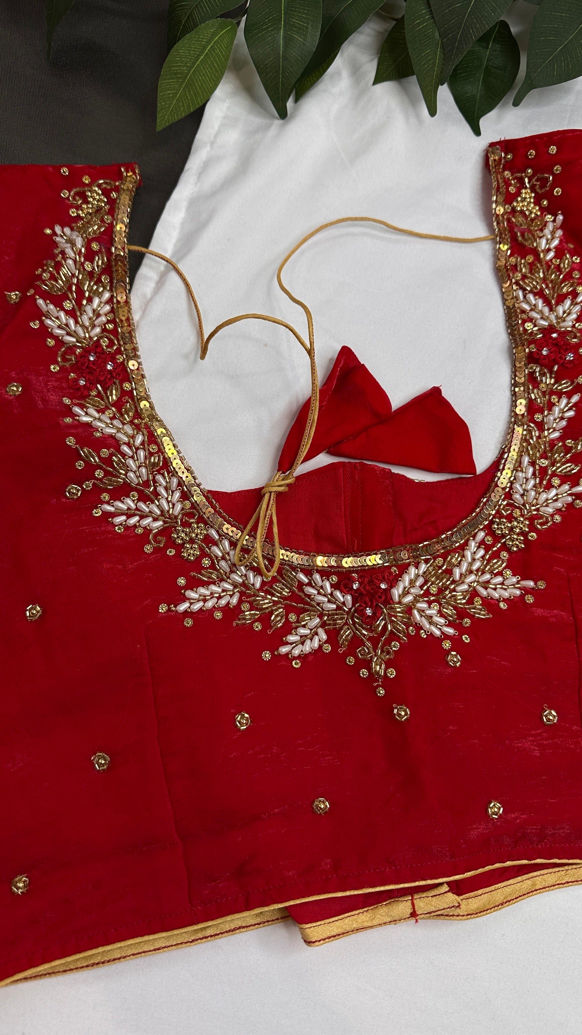 Red Net Crepe Silk Maggam Aari Blouse - 