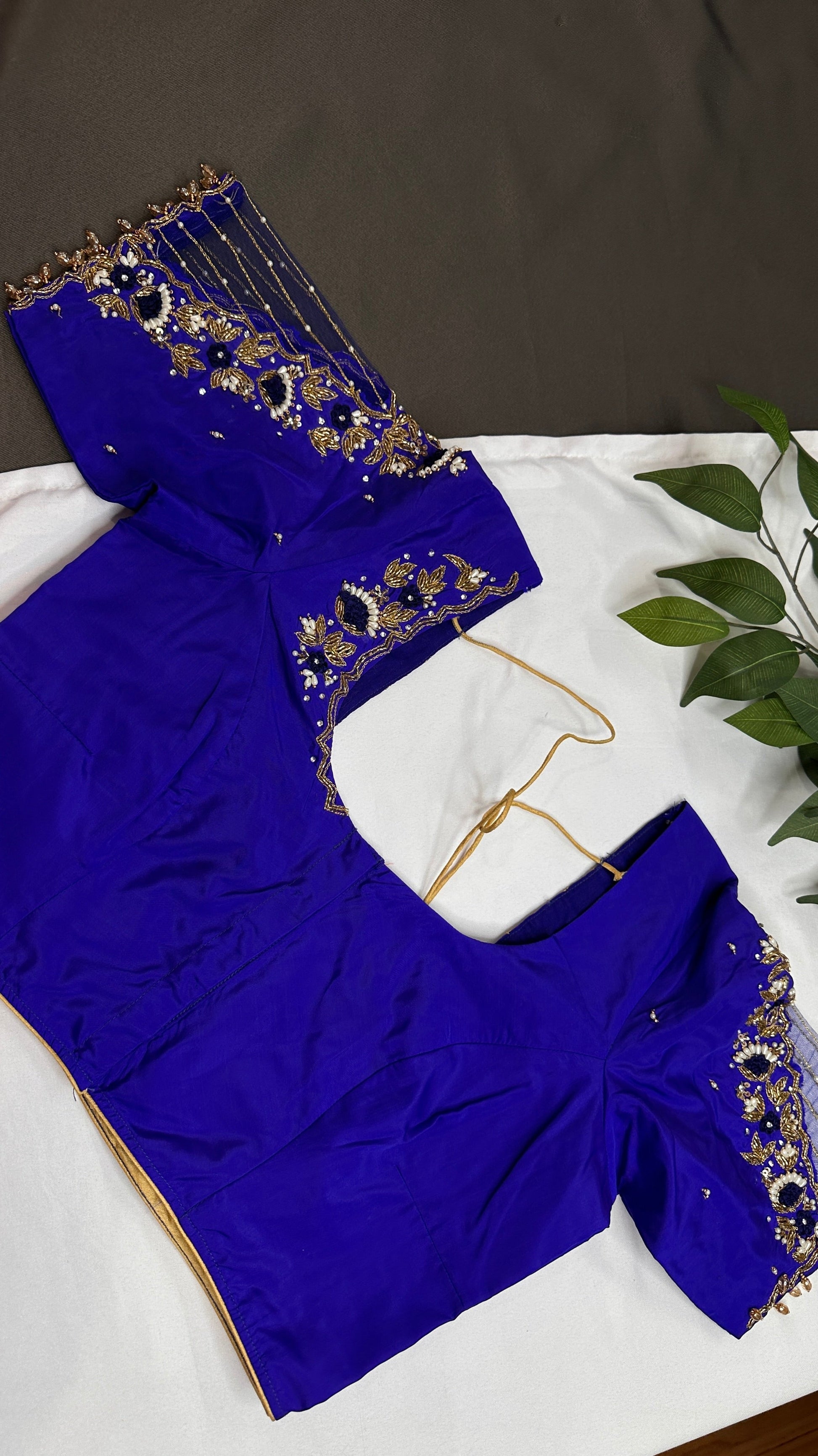 Blue Net Silk Maggam Aari Blouse - 