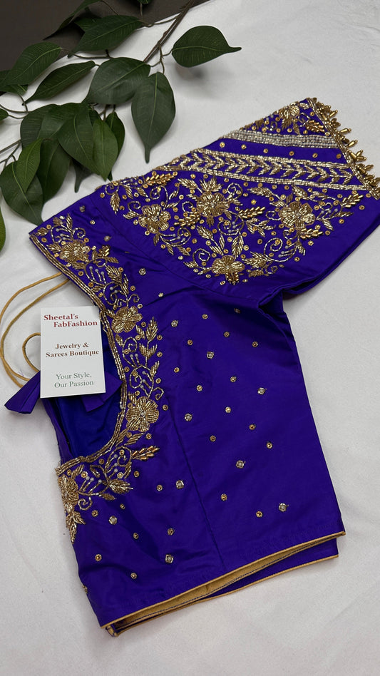 Blue Silk Maggam Aari Blouse - 
