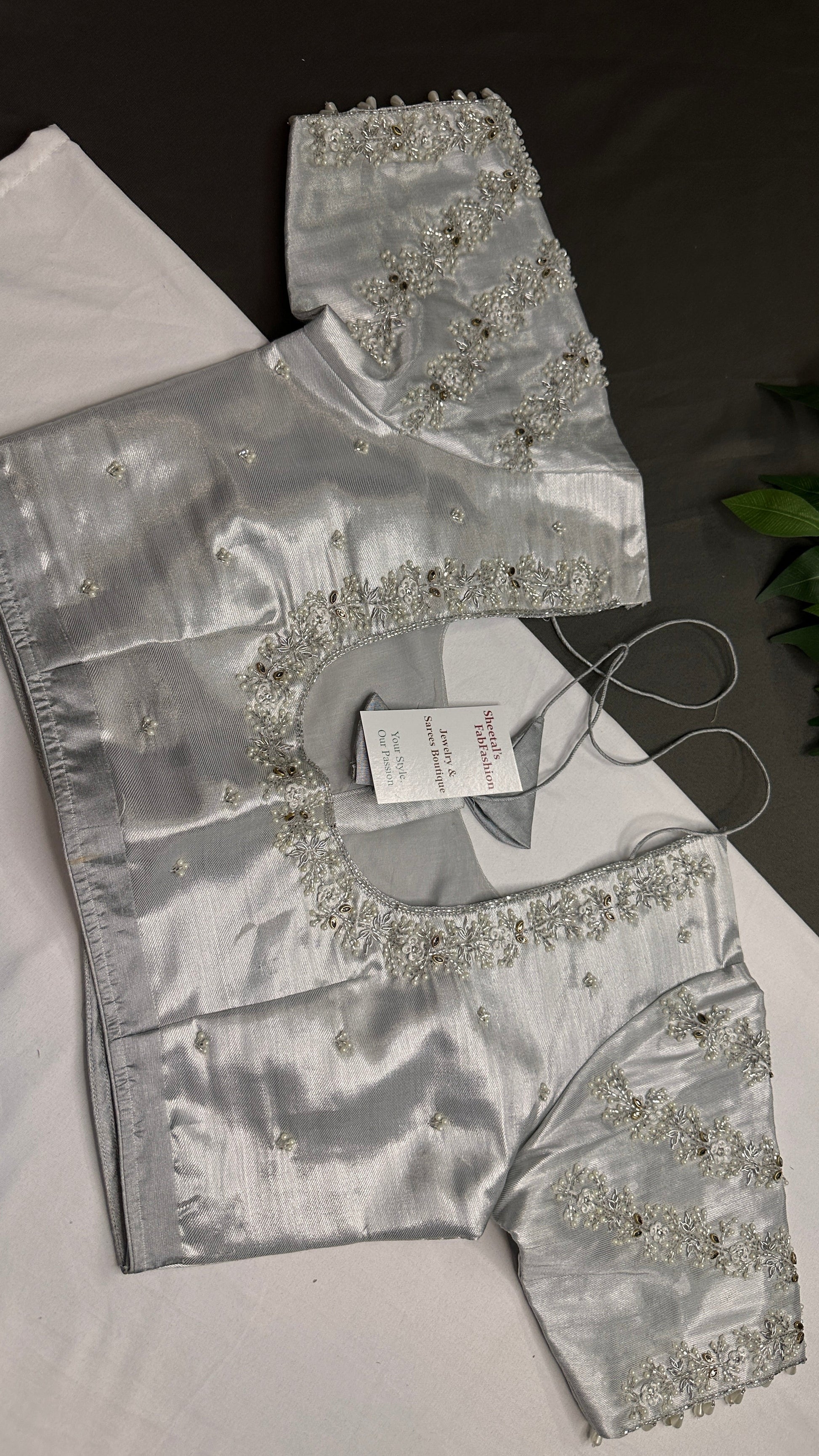 Silver Chinon Silk Maggam Aari Pearl Work Blouse - 
