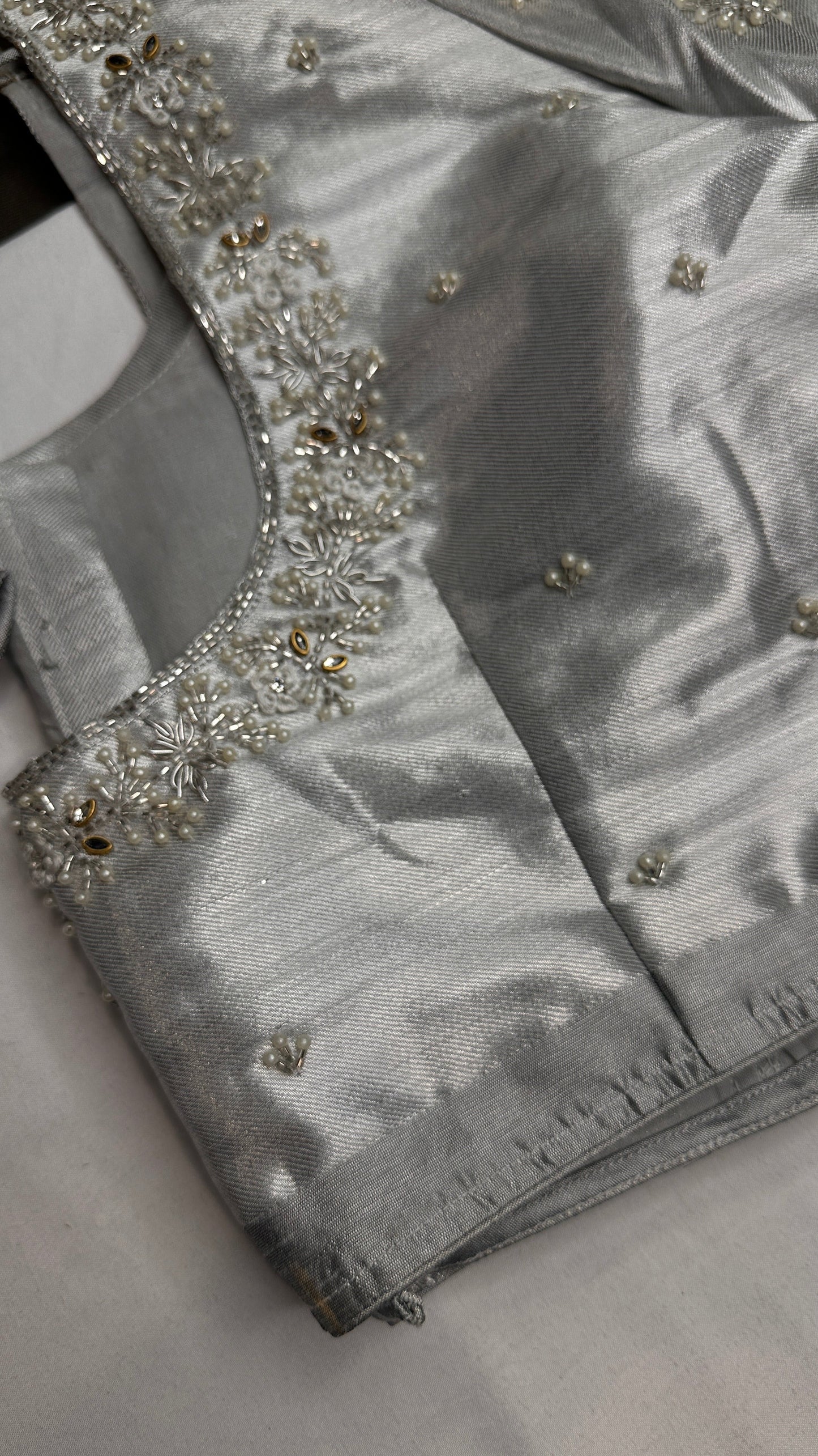 Silver Chinon Silk Maggam Aari Pearl Work Blouse - 