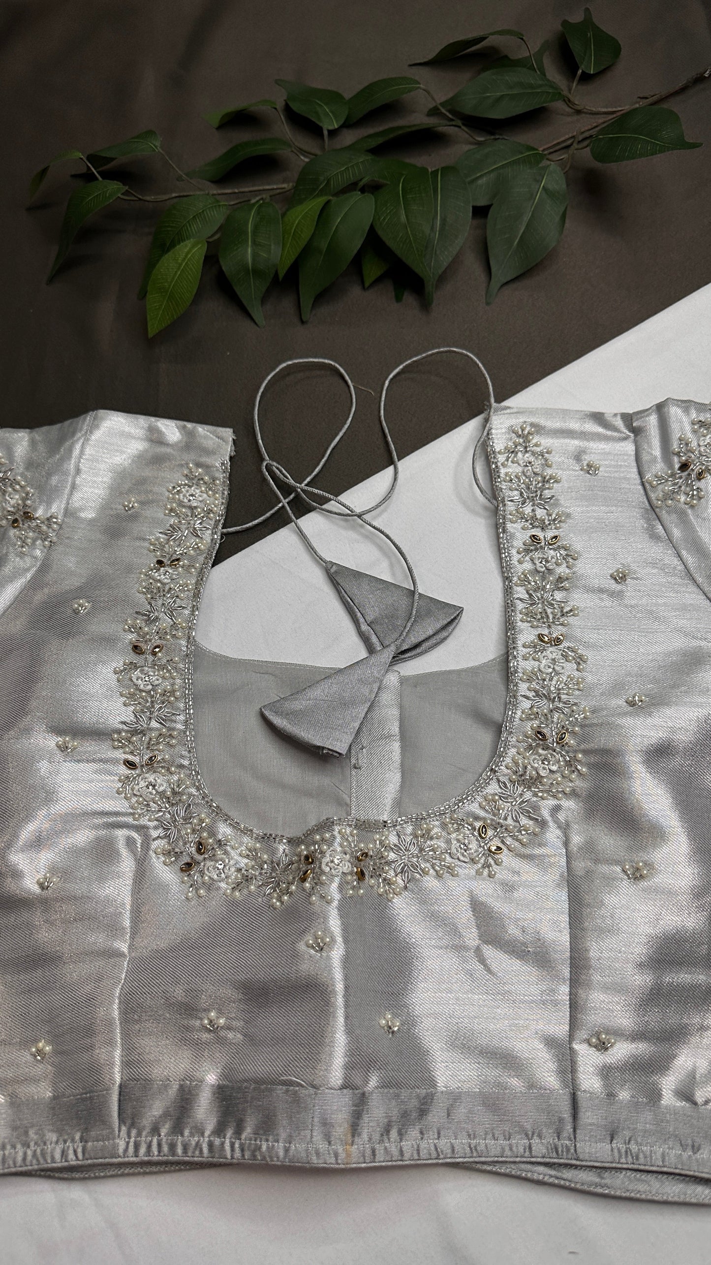 Silver Chinon Silk Maggam Aari Pearl Work Blouse - 