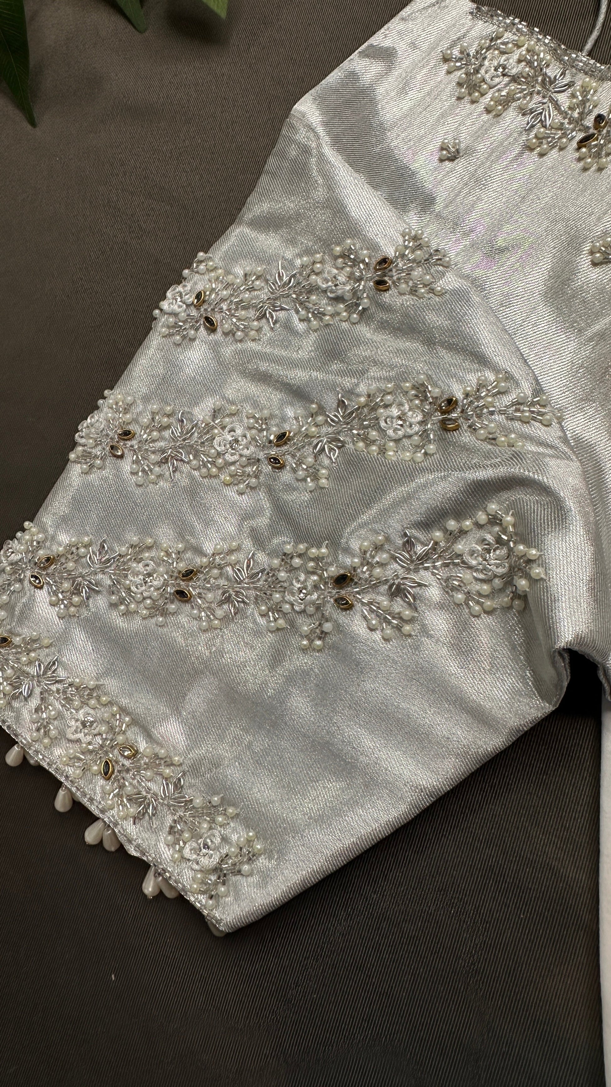 Silver Chinon Silk Maggam Aari Pearl Work Blouse - 