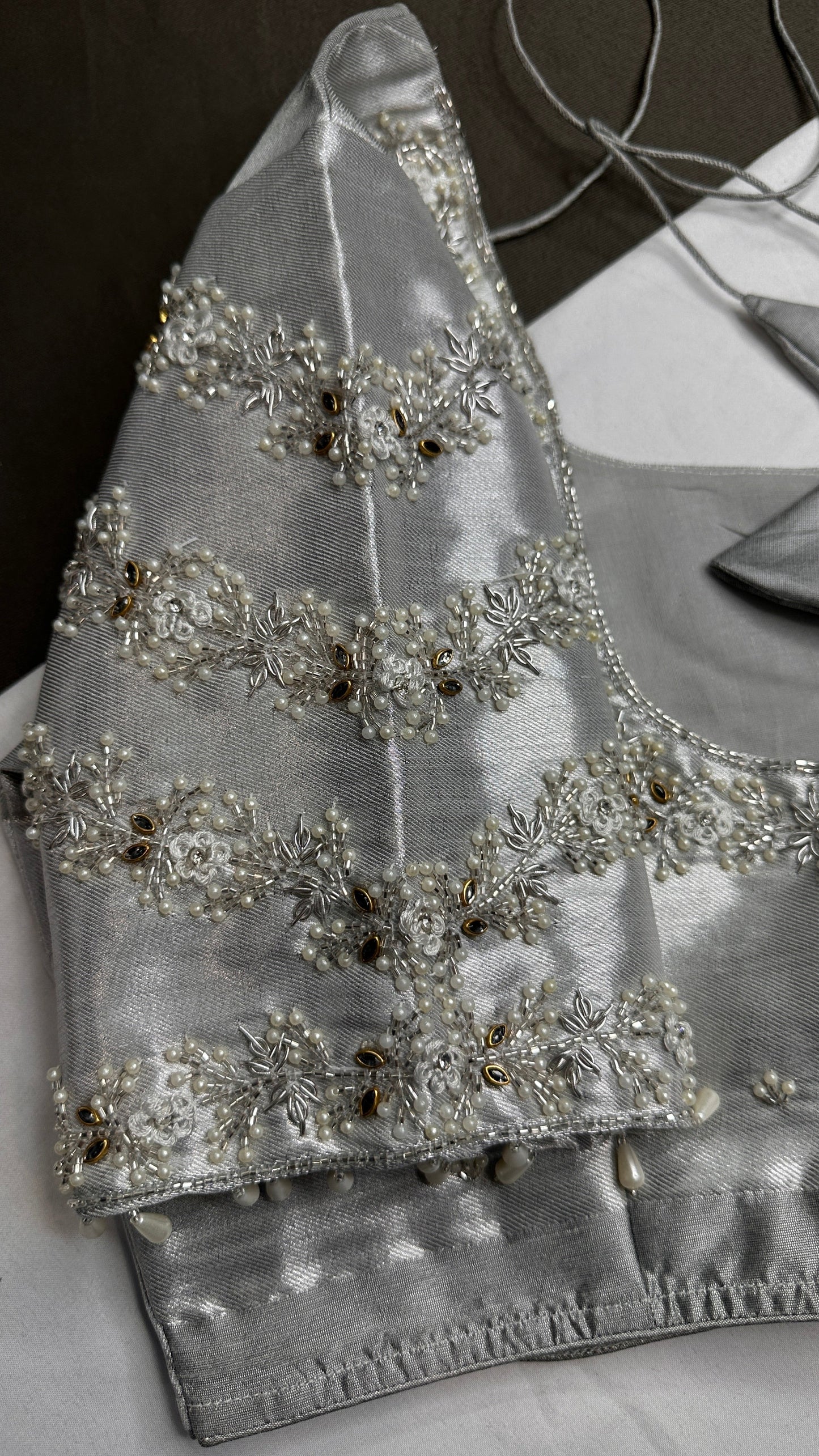 Silver Chinon Silk Maggam Aari Pearl Work Blouse - 