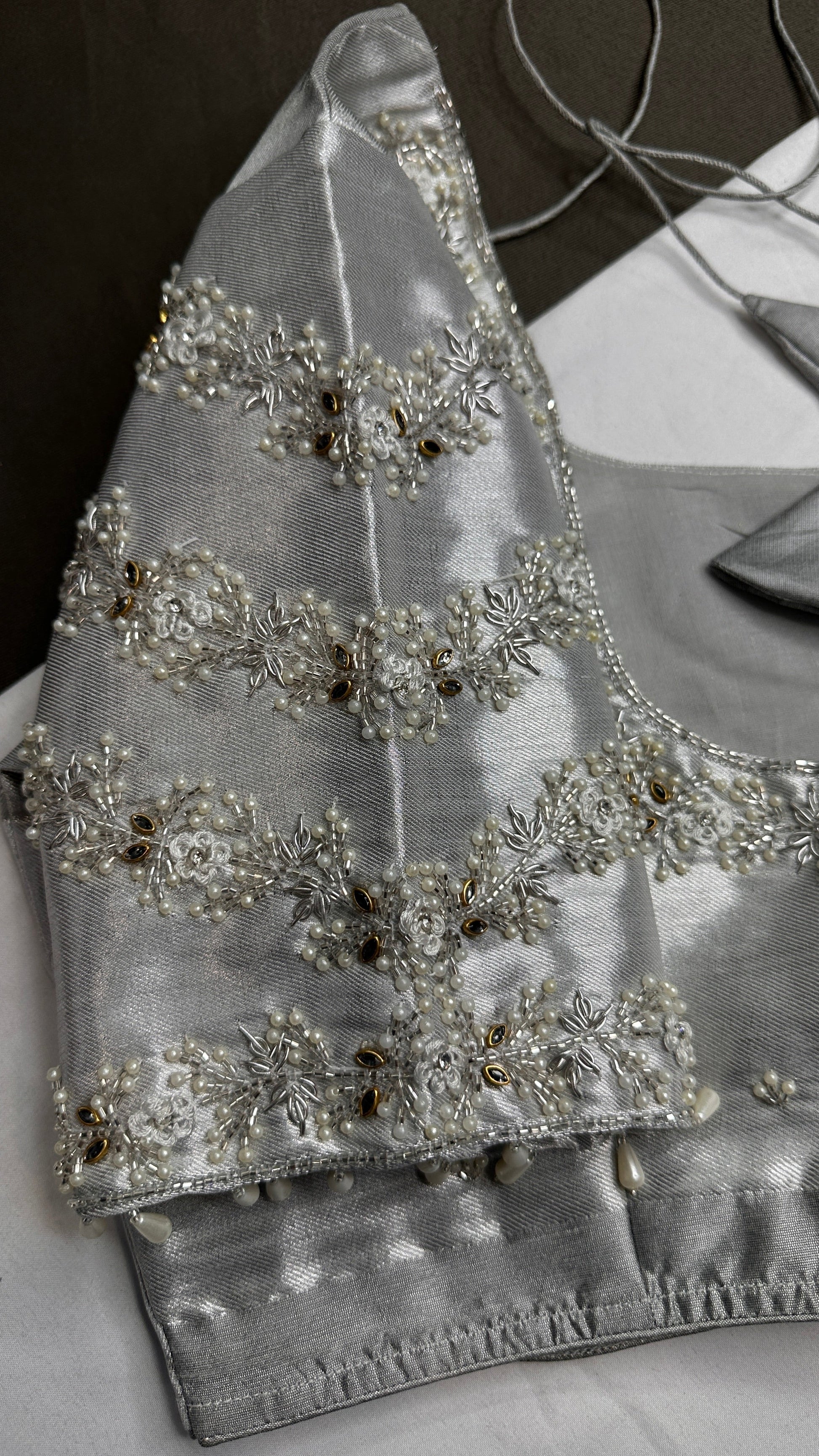 Silver Chinon Silk Maggam Aari Pearl Work Blouse - 