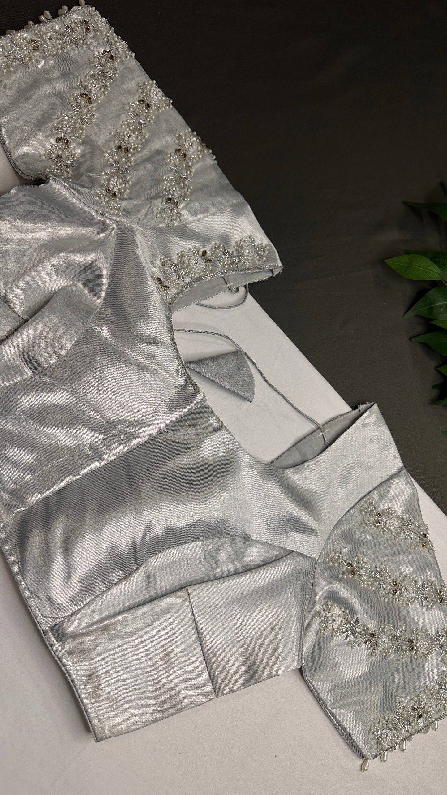 Silver Chinon Silk Maggam Aari Pearl Work Blouse - 