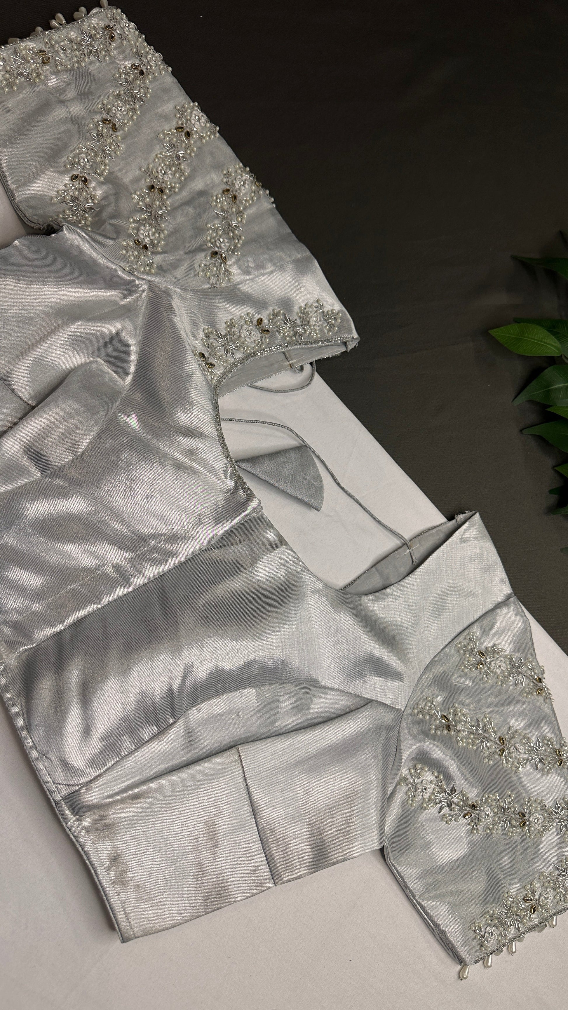Silver Chinon Silk Maggam Aari Pearl Work Blouse - 