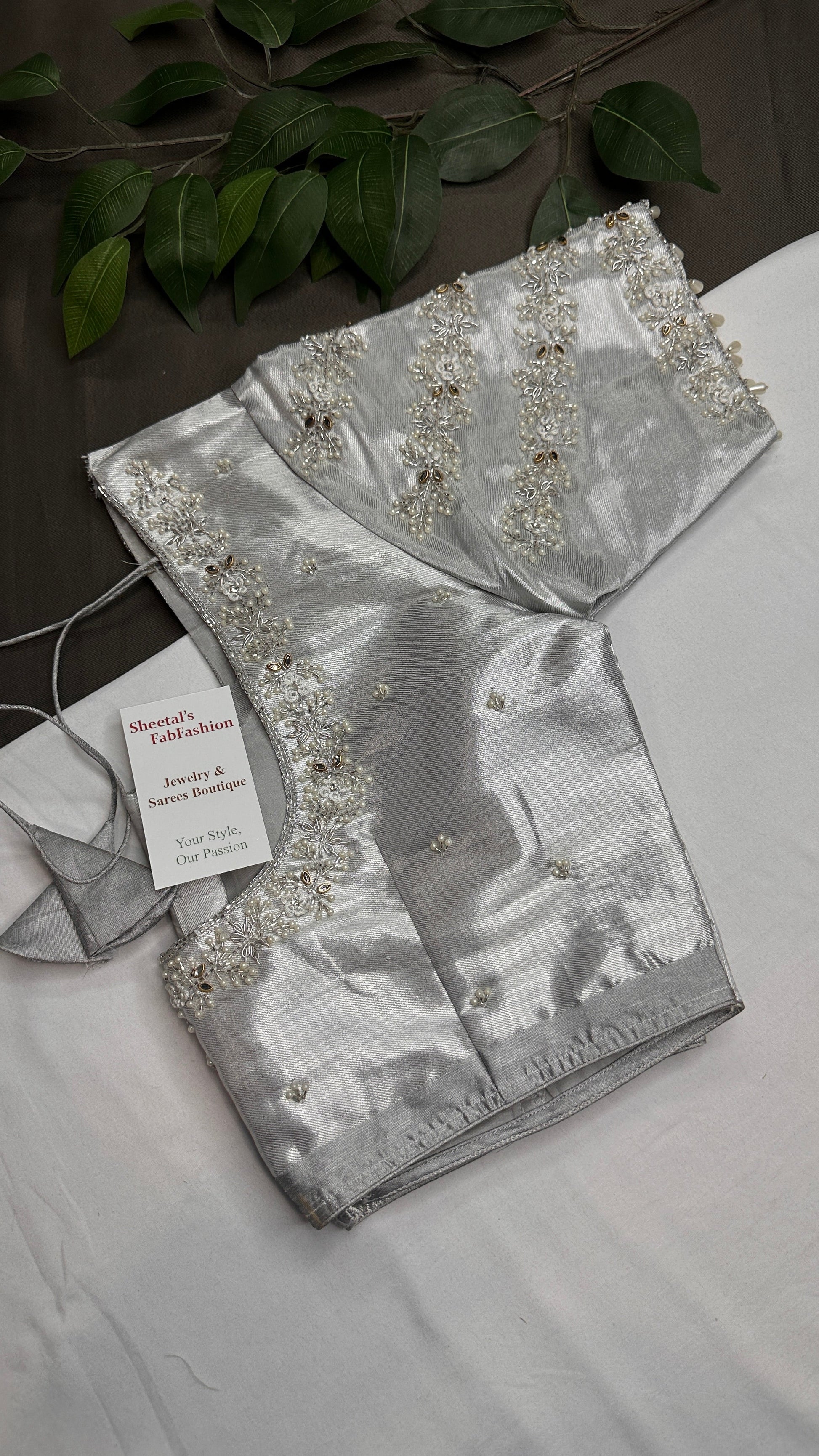 Silver Chinon Silk Maggam Aari Pearl Work Blouse - 