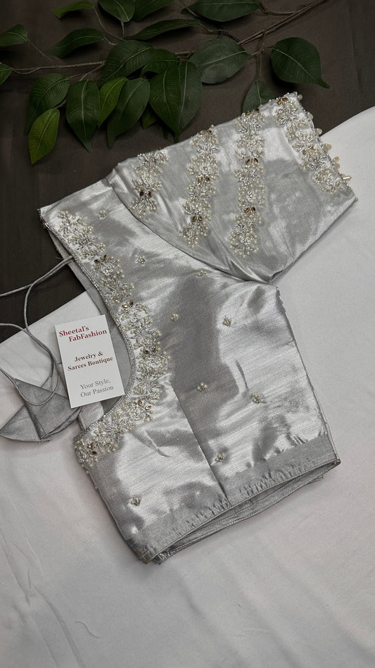 Silver Chinon Silk Maggam Aari Pearl Work Blouse - 