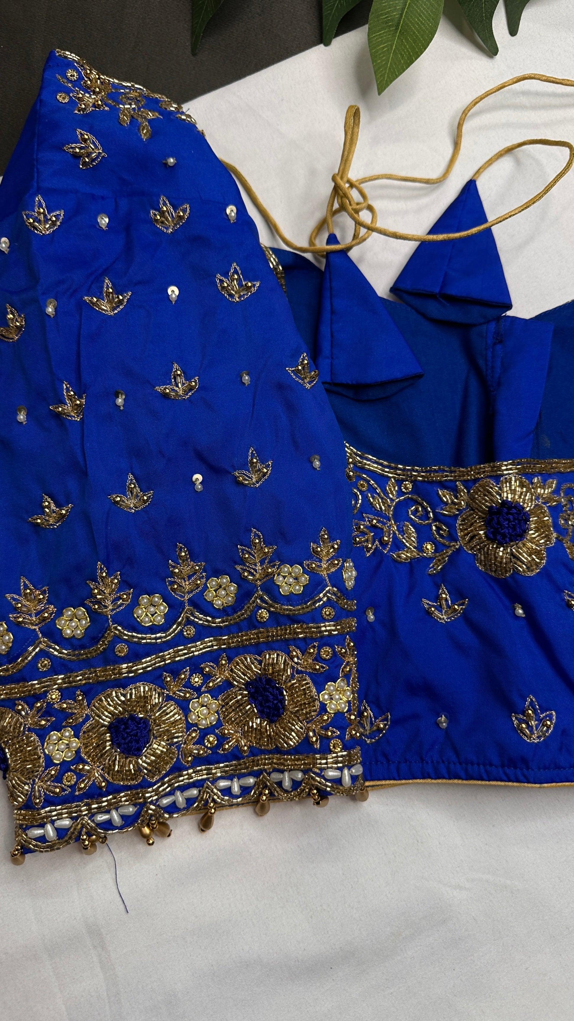 Blue  Silk Maggam Aari Pearl Work Blouse - 
