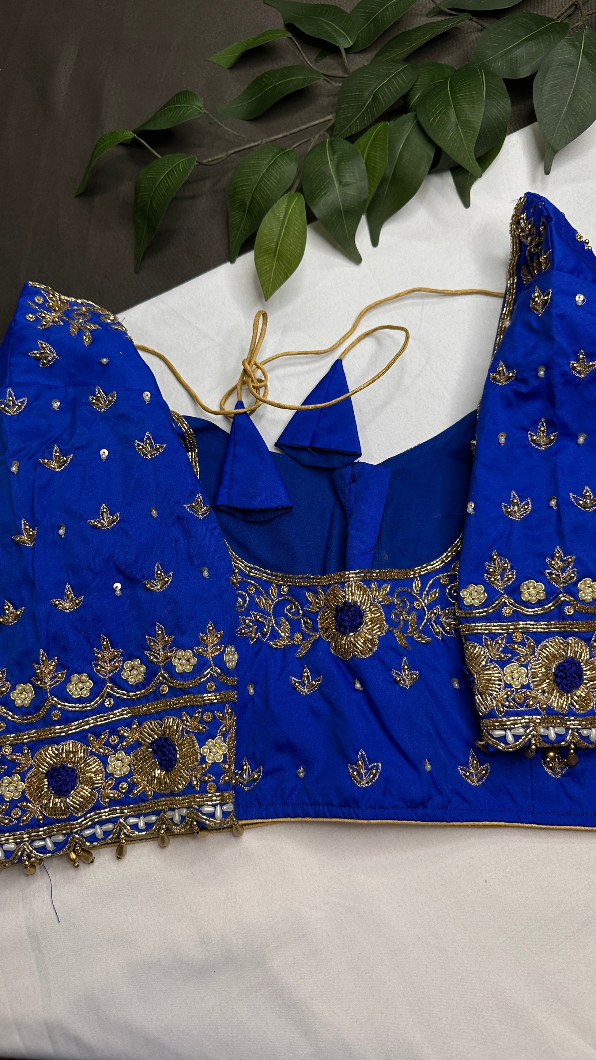 Blue  Silk Maggam Aari Pearl Work Blouse - 