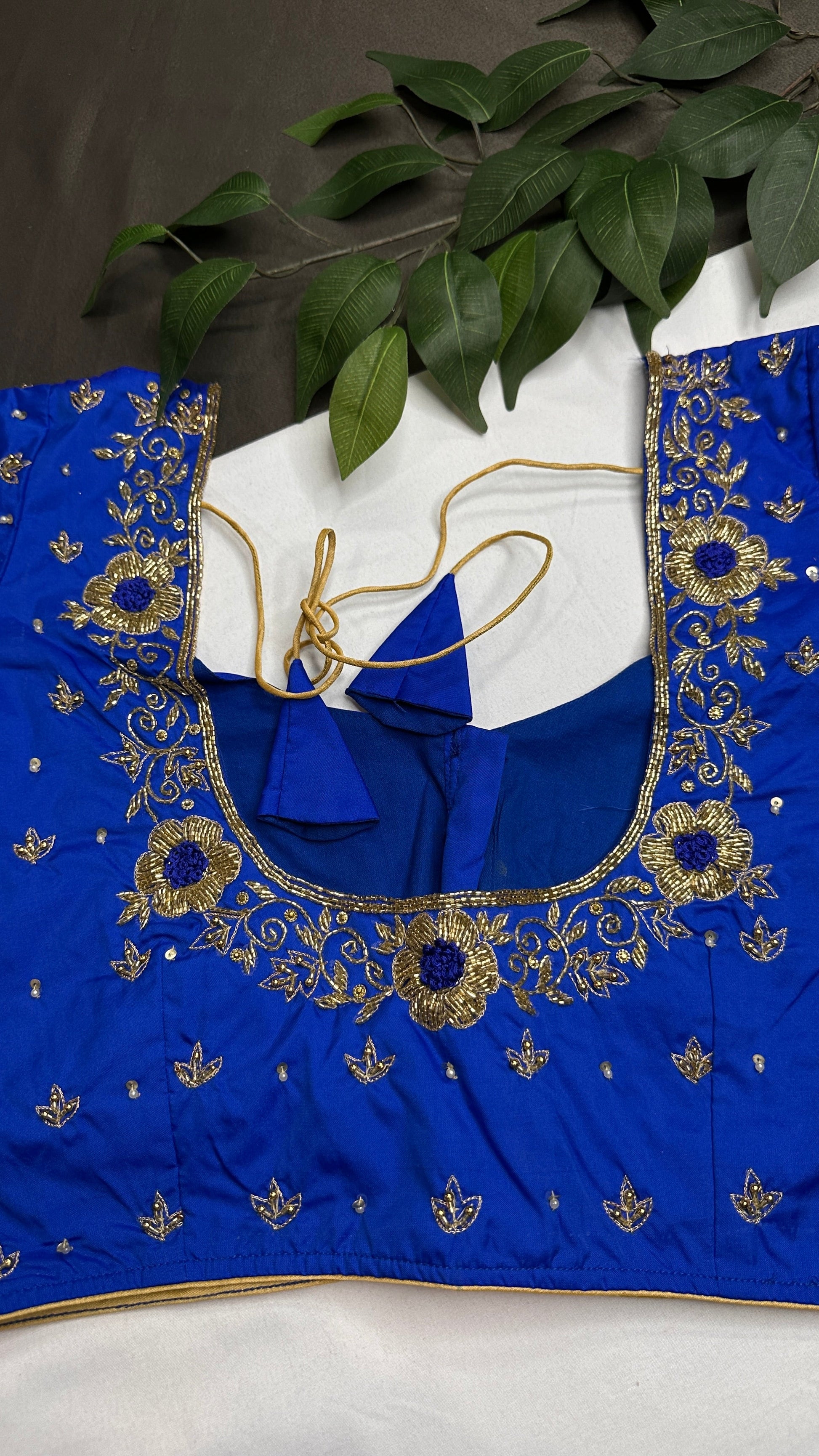 Blue  Silk Maggam Aari Pearl Work Blouse - 