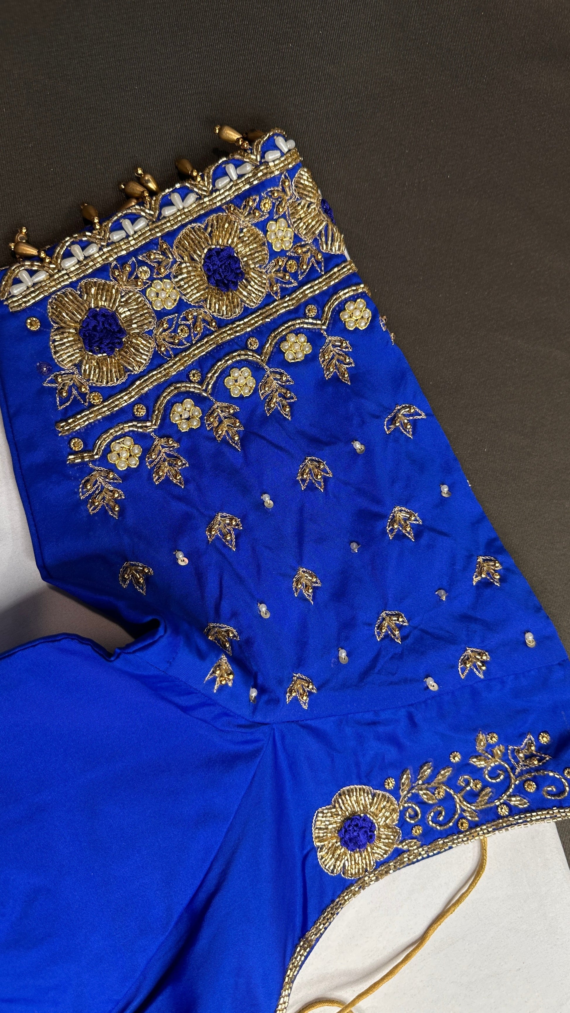 Blue  Silk Maggam Aari Pearl Work Blouse - 
