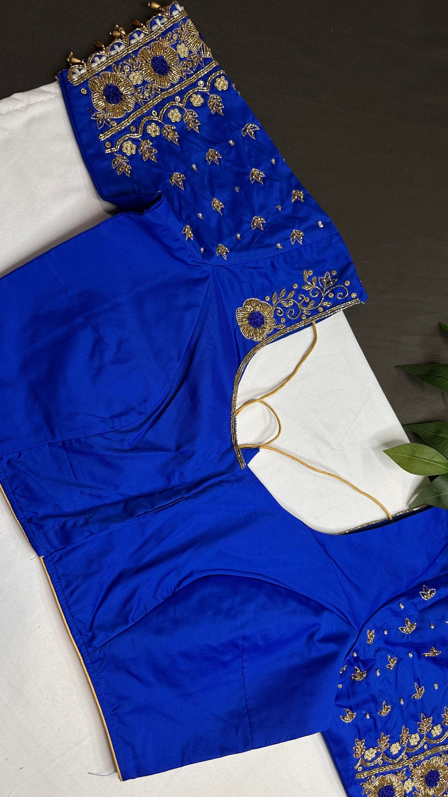 Blue  Silk Maggam Aari Pearl Work Blouse - 