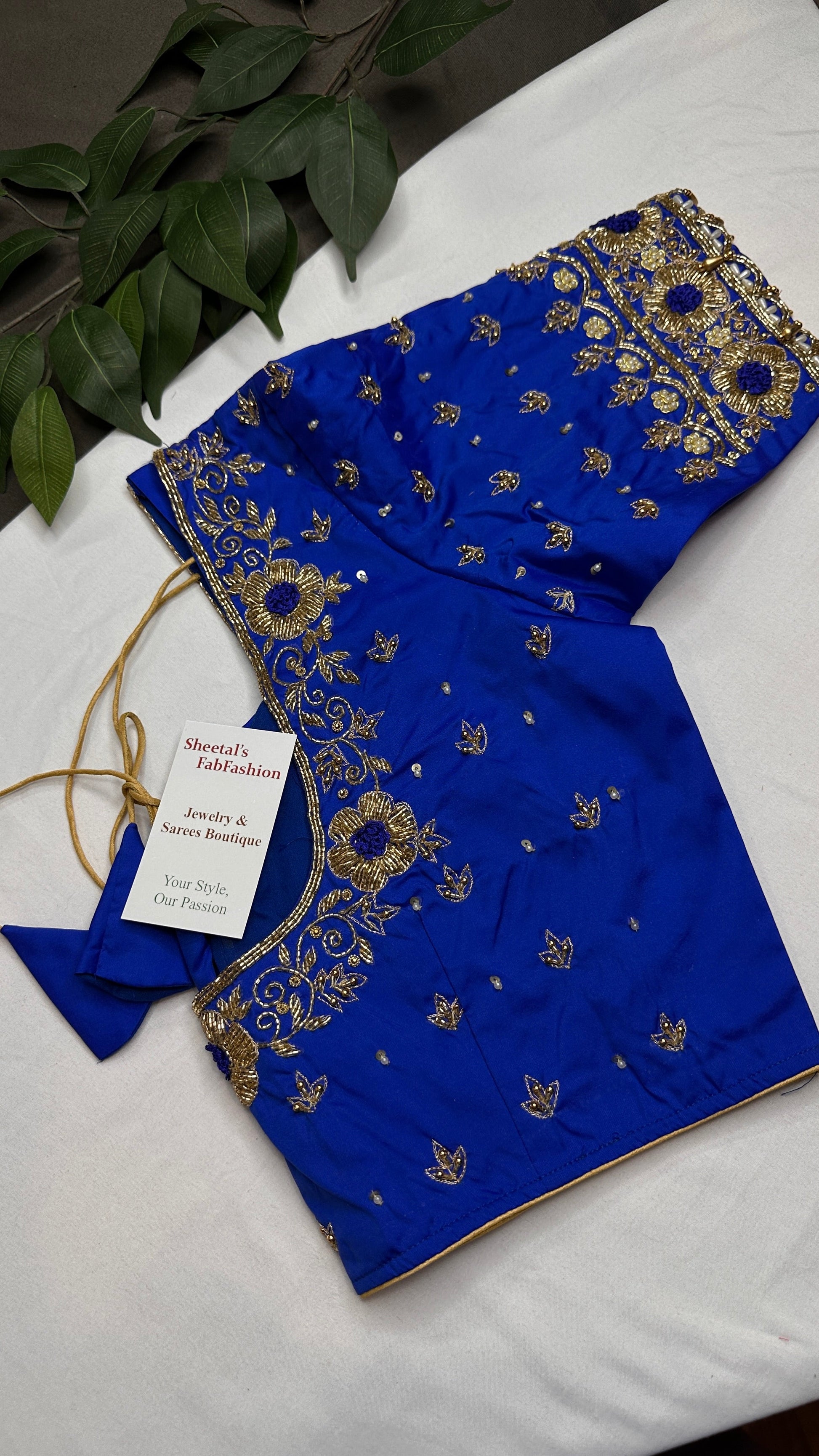Blue  Silk Maggam Aari Pearl Work Blouse - 