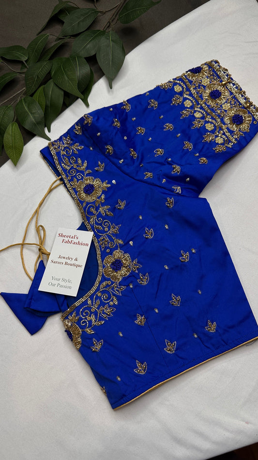 Blue  Silk Maggam Aari Pearl Work Blouse - 