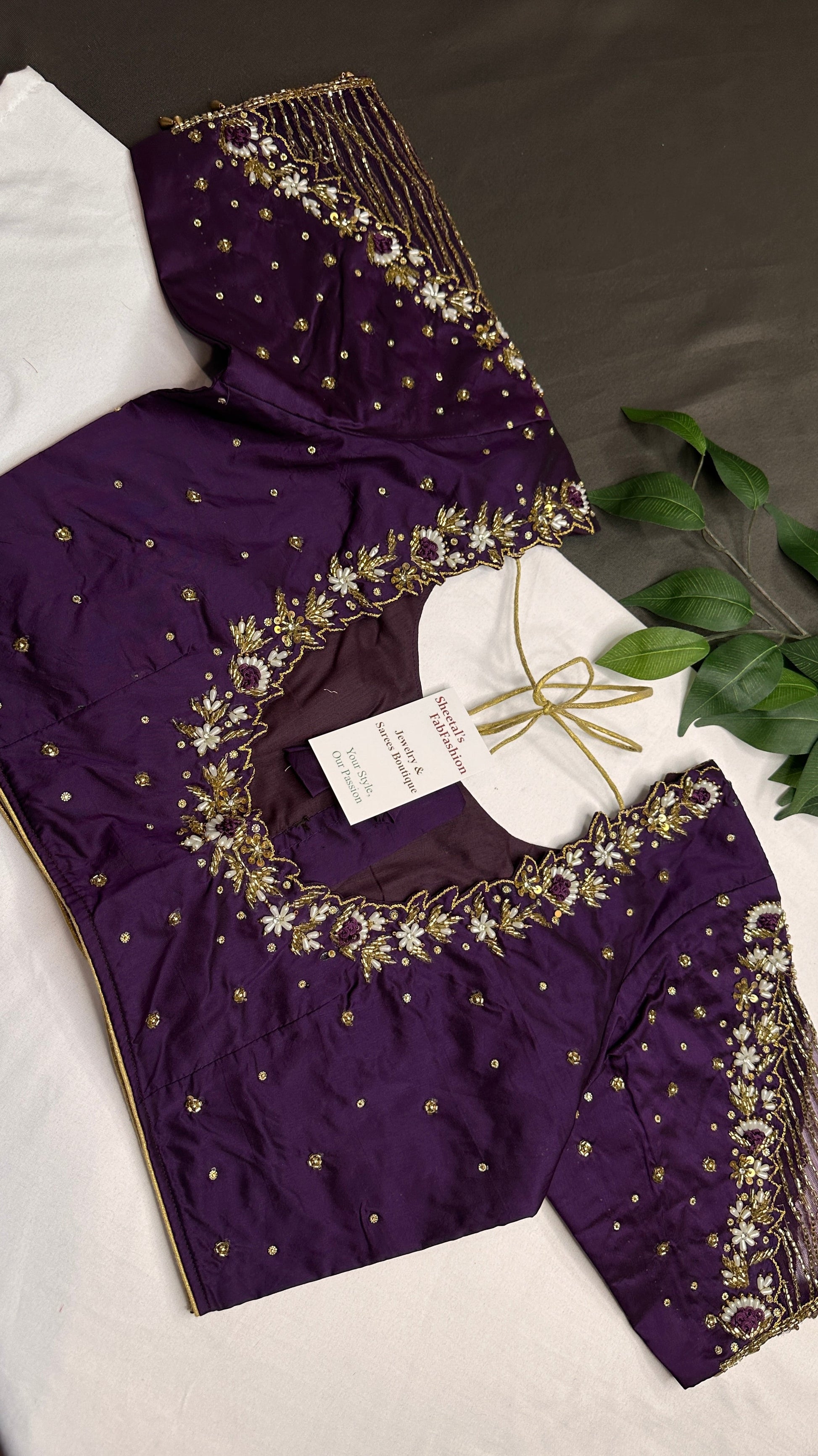 Purple Net Silk Maggam Aari Pearl Work Blouse - 