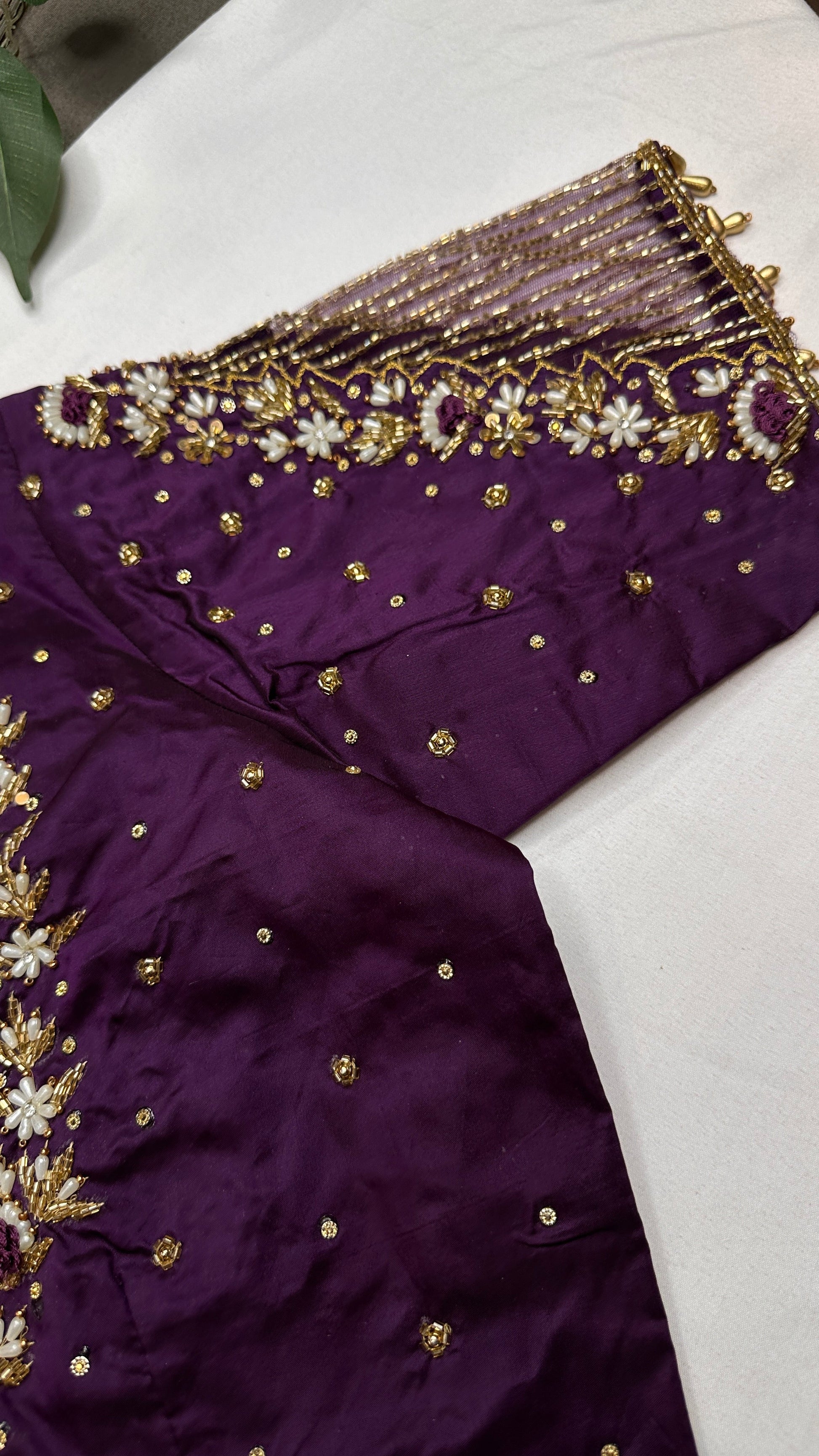 Purple Net Silk Maggam Aari Pearl Work Blouse - 
