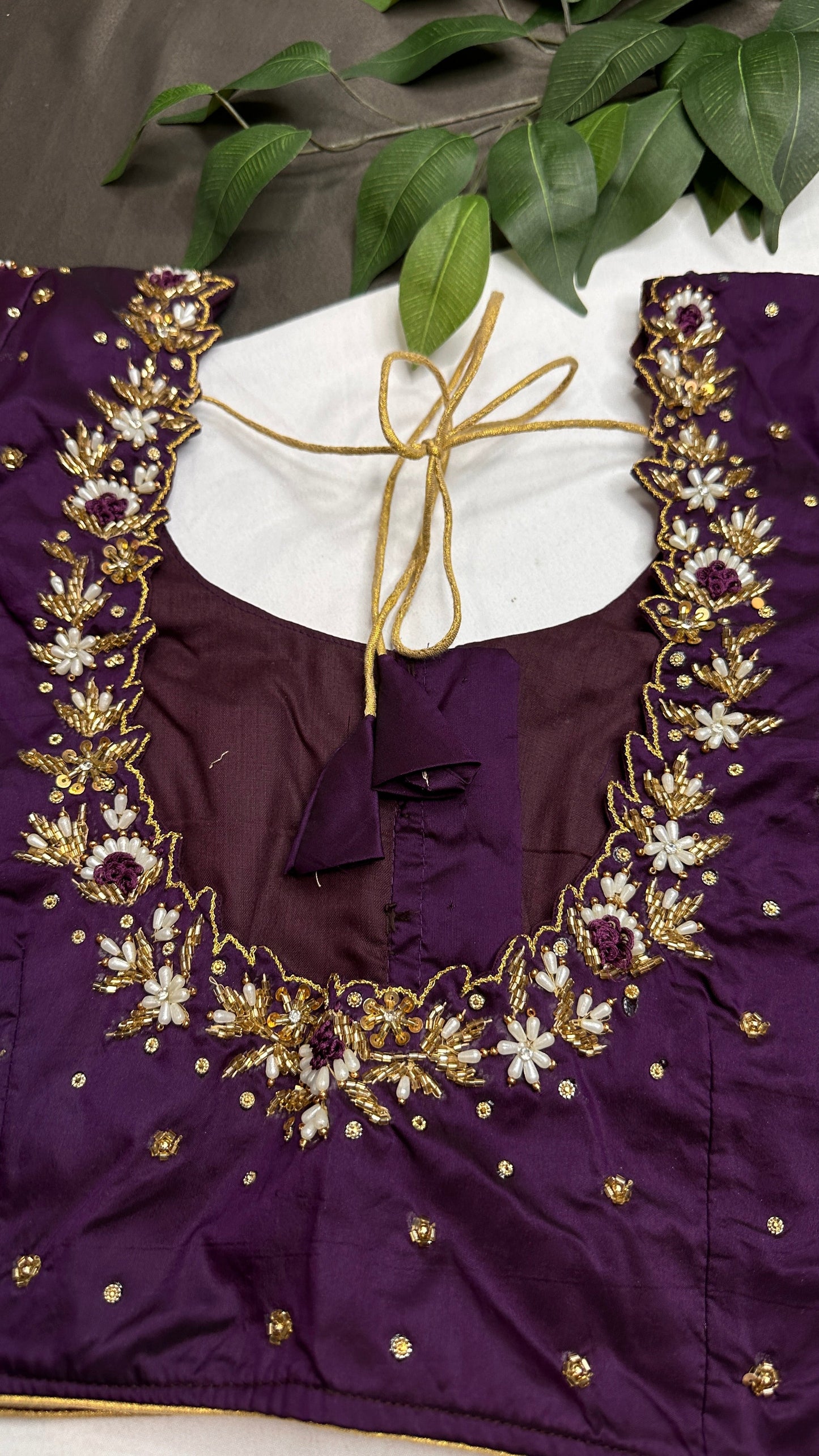 Purple Net Silk Maggam Aari Pearl Work Blouse - 