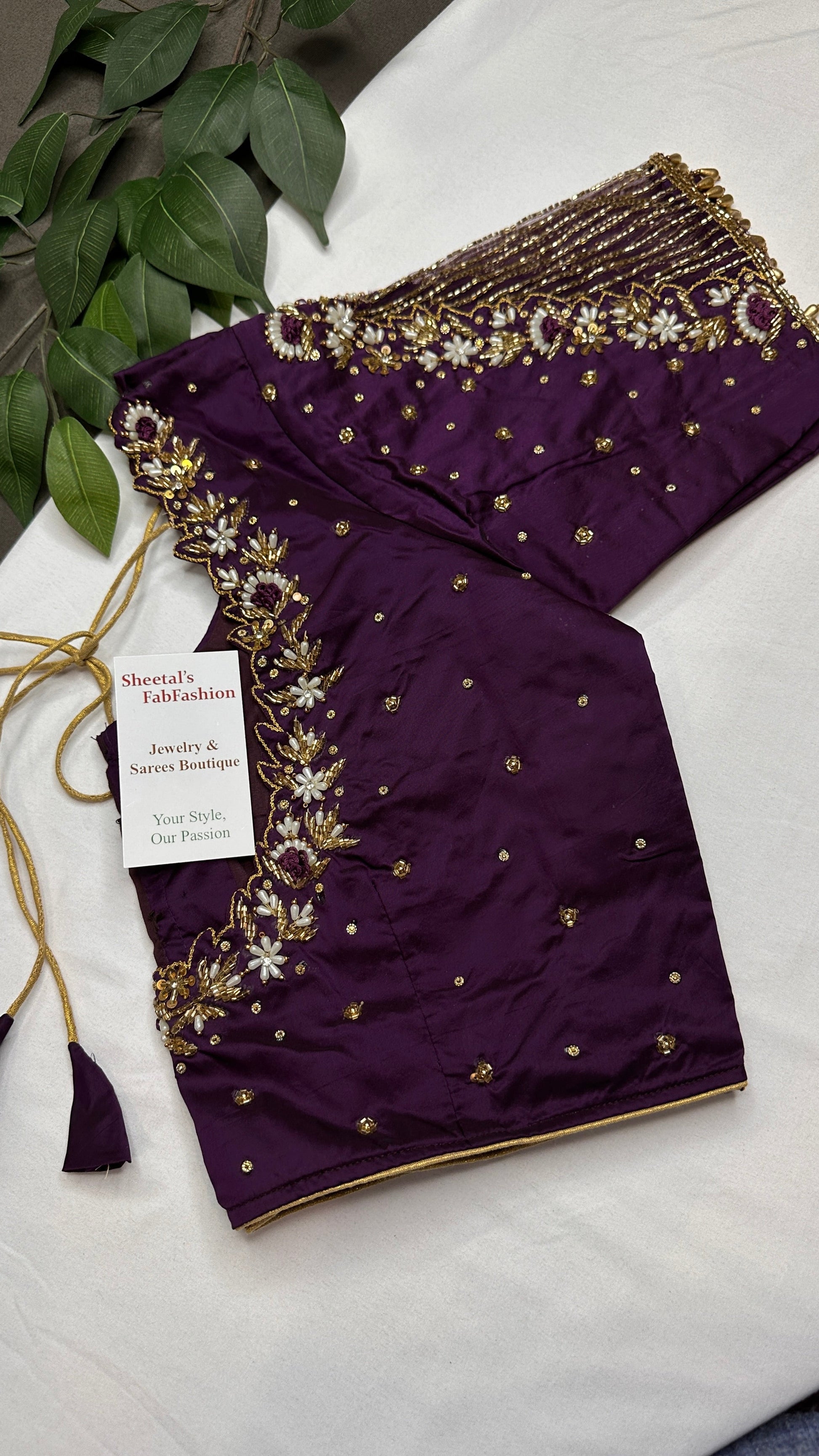 Purple Net Silk Maggam Aari Pearl Work Blouse - 