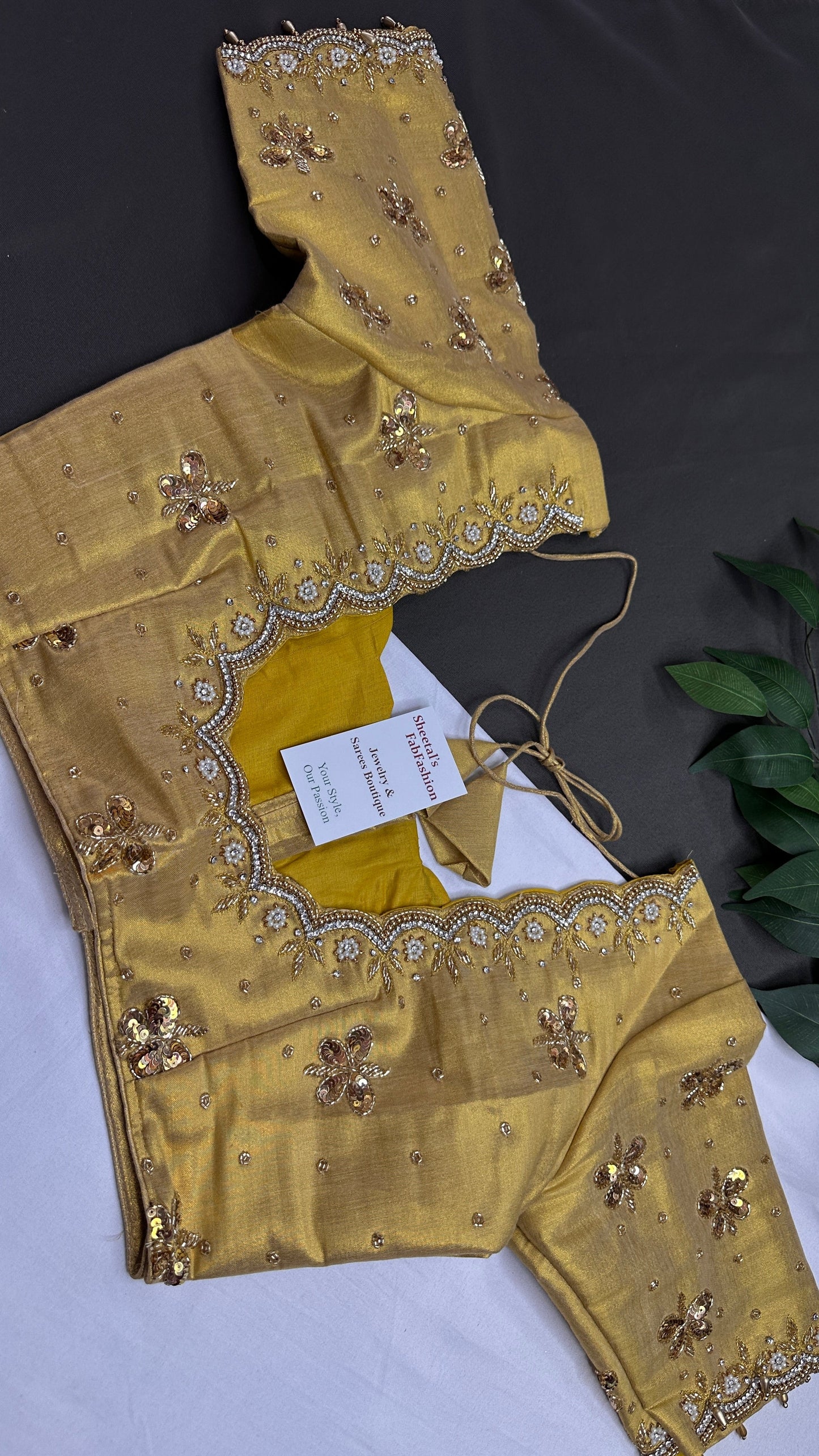 Golden Tissue Silk Maggam Aari Pearl Work Blouse - 
