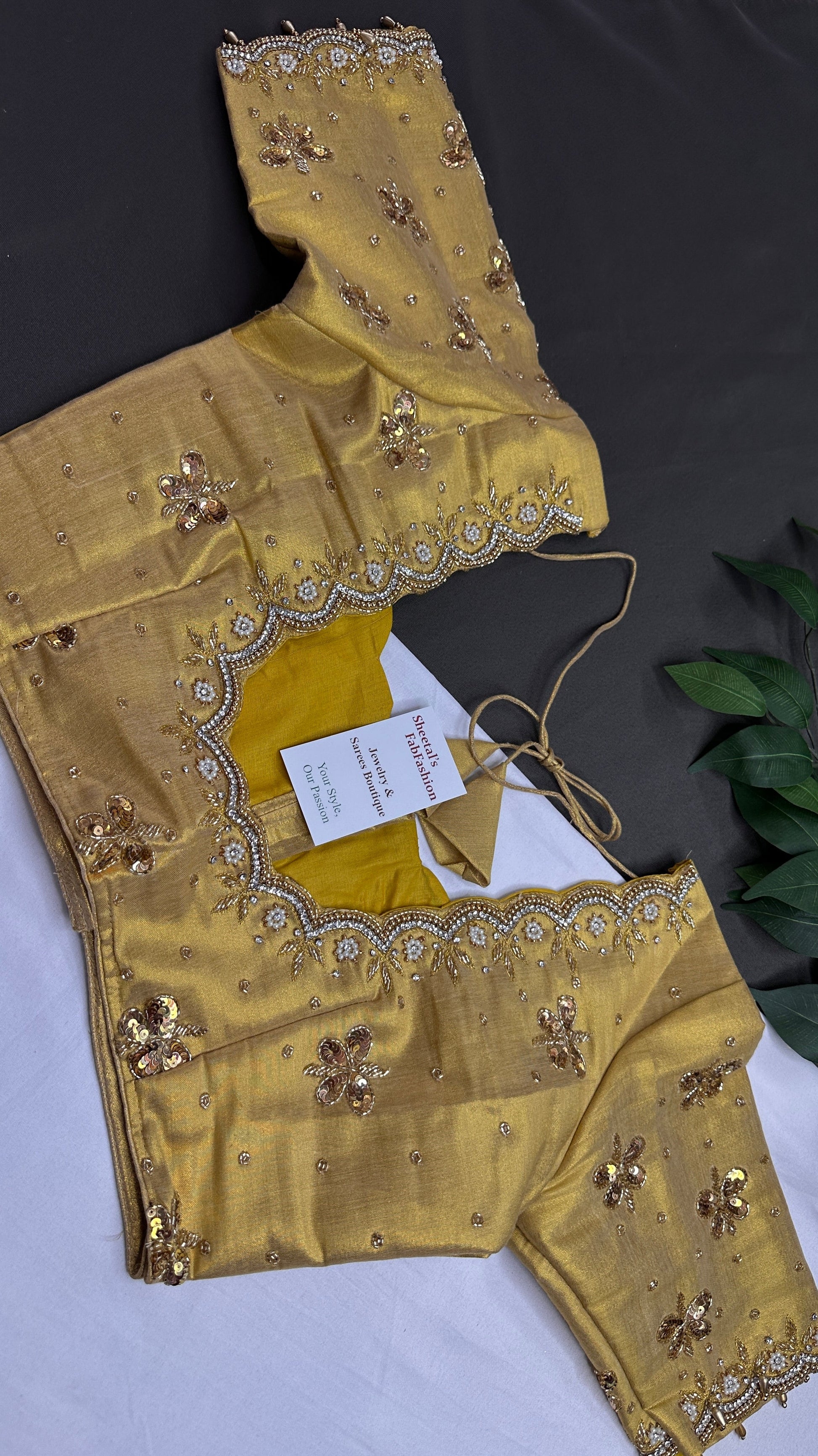 Golden Tissue Silk Maggam Aari Pearl Work Blouse - 