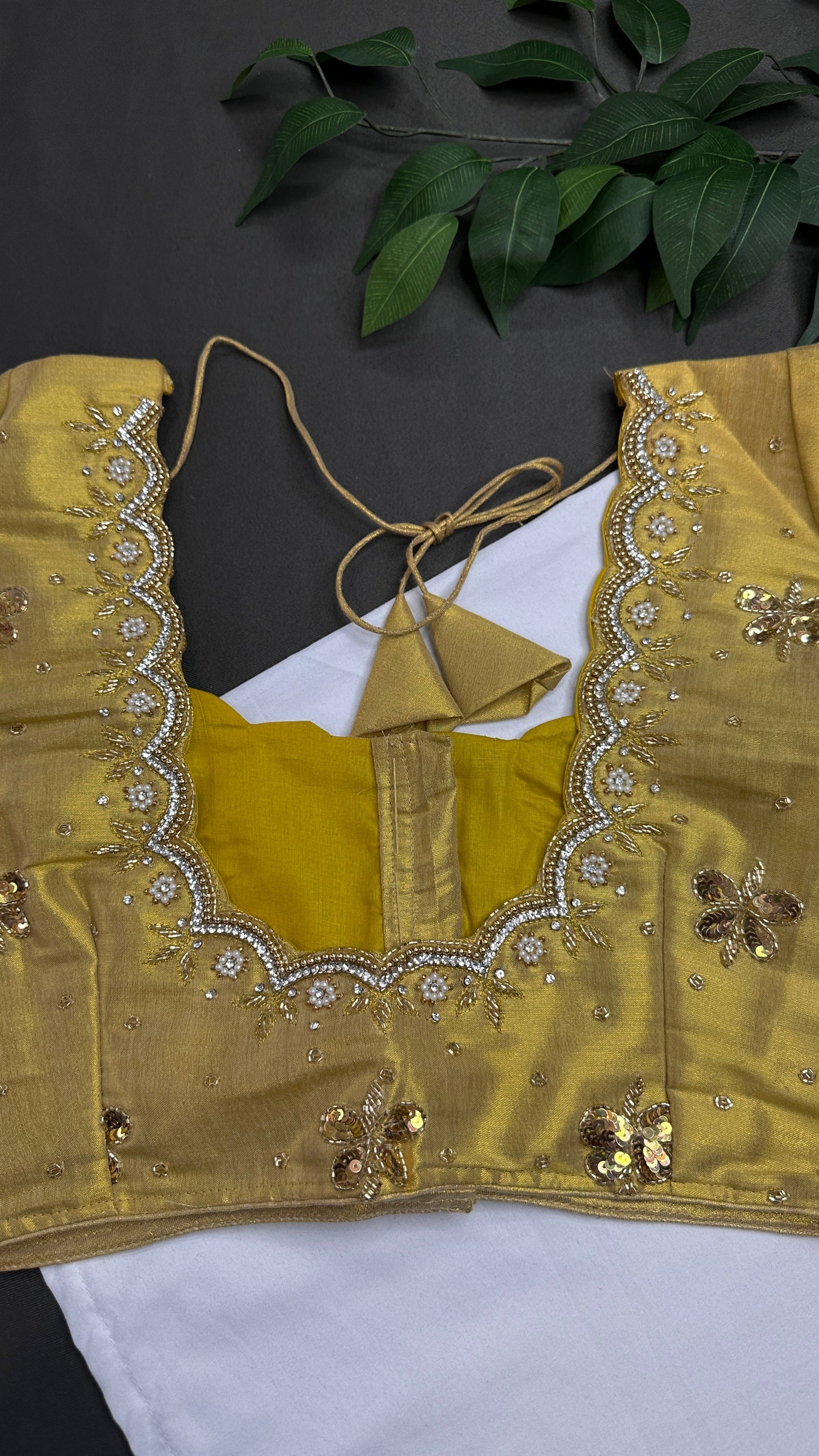 Golden Tissue Silk Maggam Aari Pearl Work Blouse - 