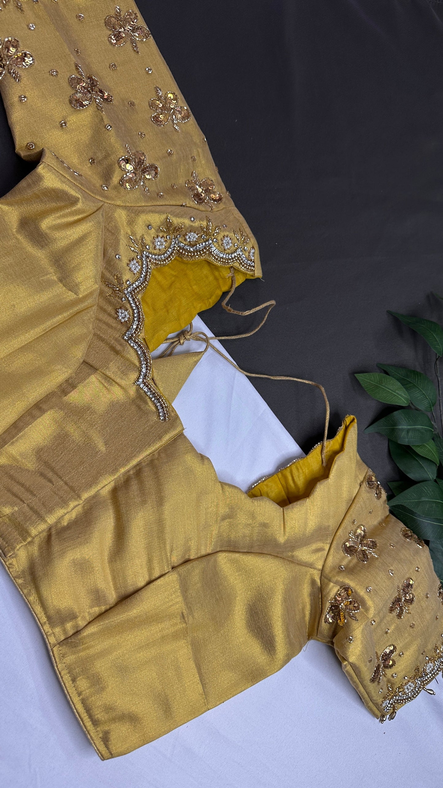 Golden Tissue Silk Maggam Aari Pearl Work Blouse - 