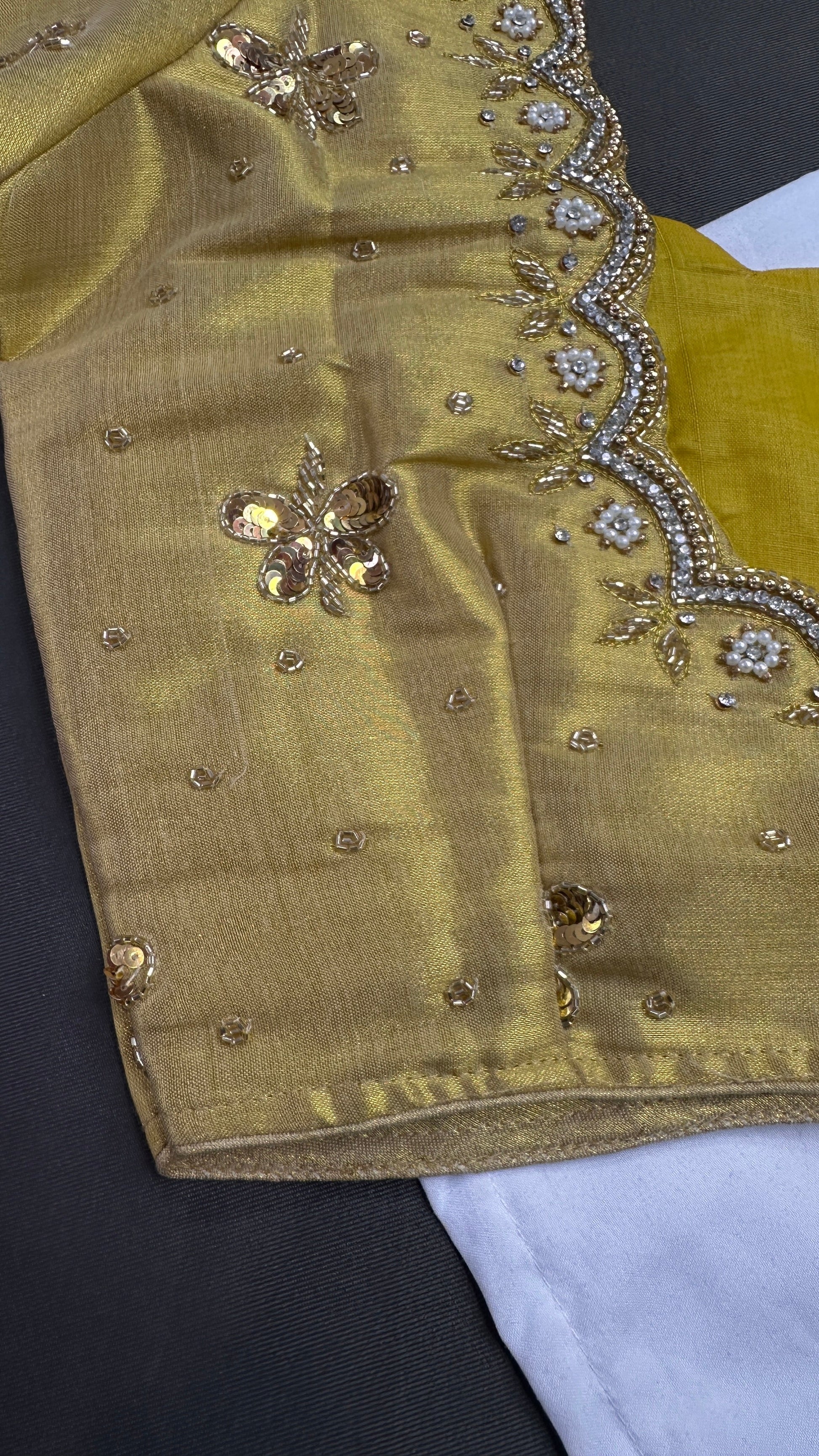 Golden Tissue Silk Maggam Aari Pearl Work Blouse - 