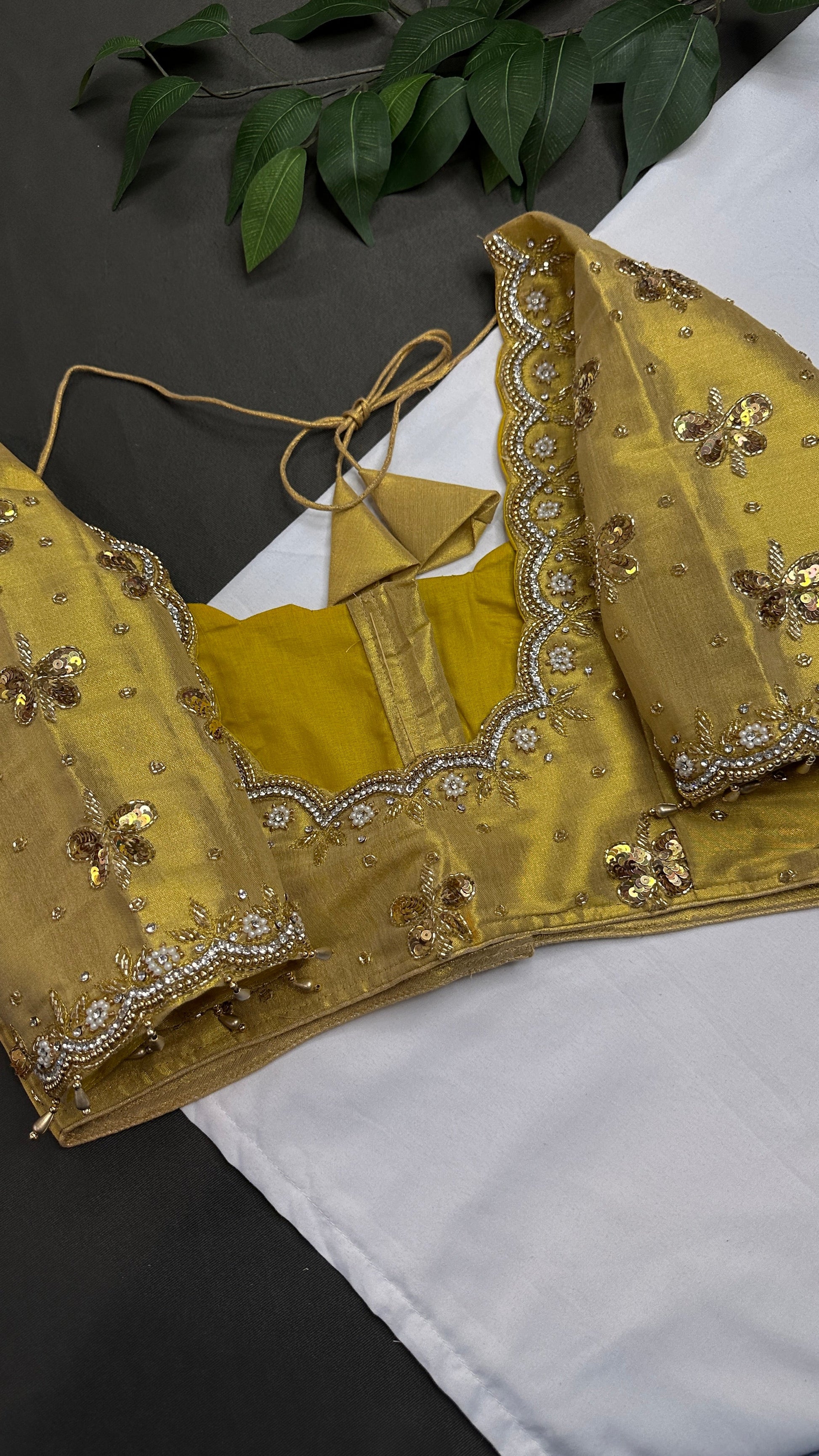 Golden Tissue Silk Maggam Aari Pearl Work Blouse - 