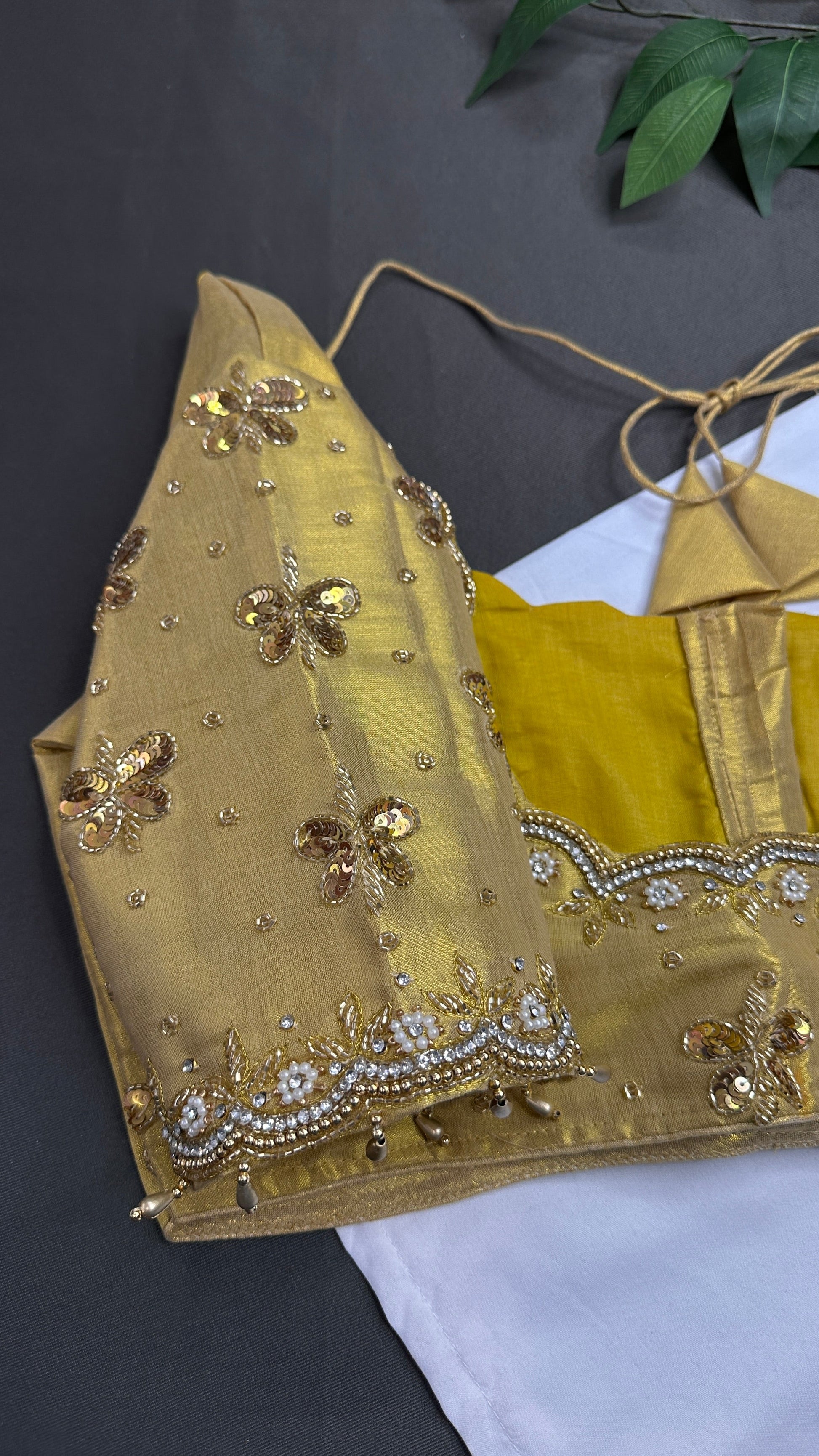 Golden Tissue Silk Maggam Aari Pearl Work Blouse - 