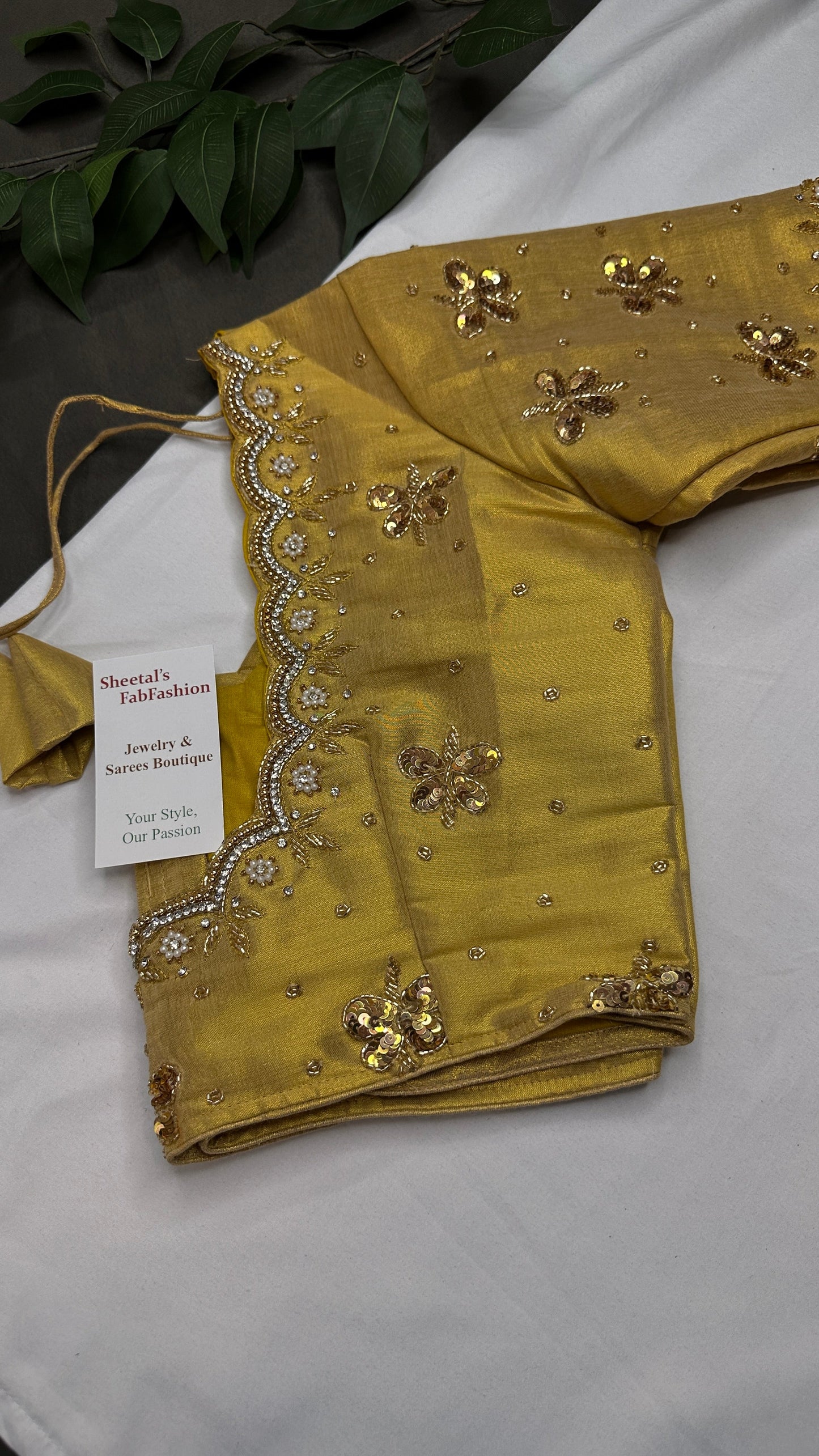 Golden Tissue Silk Maggam Aari Pearl Work Blouse - 