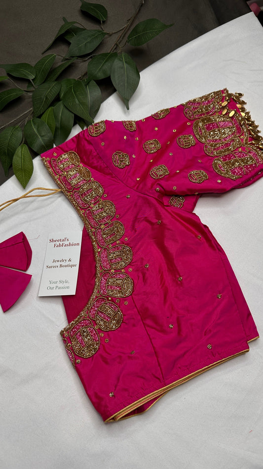 Dholki Pattern Pink Silk Maggam Aari Work Blouse - 