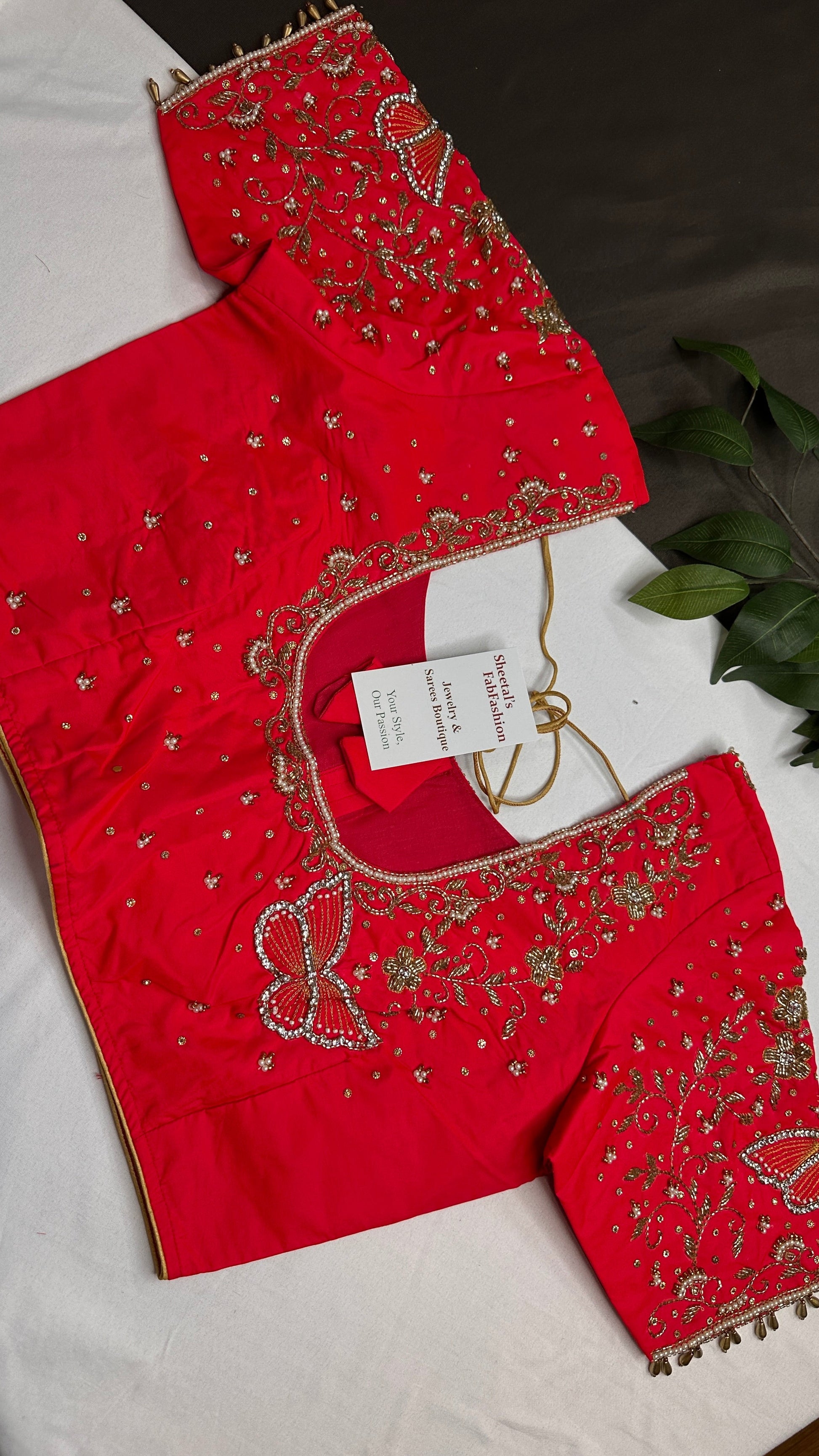 Butterfly Pattern Pink Silk Maggam Aari Pearl Work Blouse - 