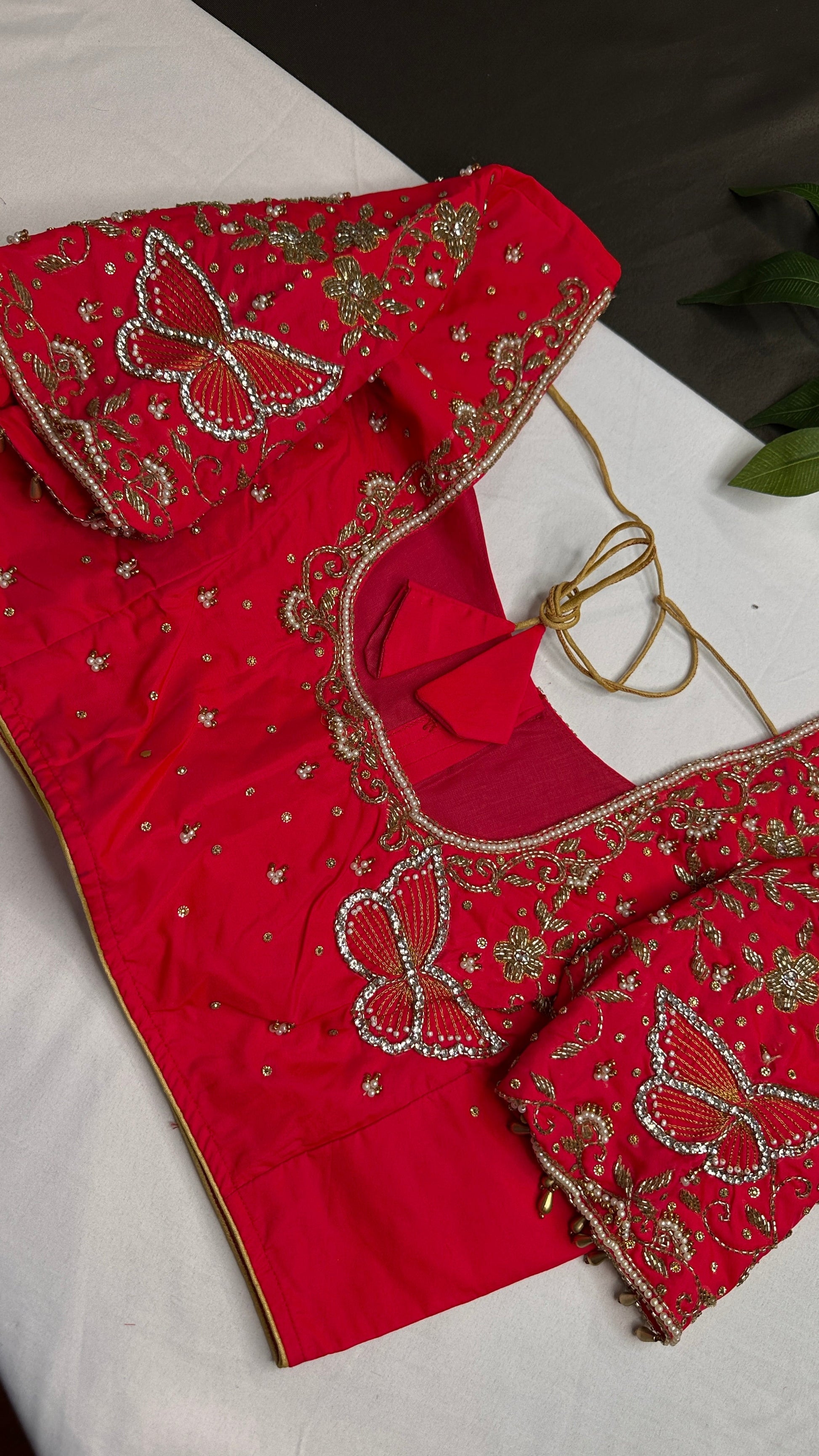 Butterfly Pattern Pink Silk Maggam Aari Pearl Work Blouse - 