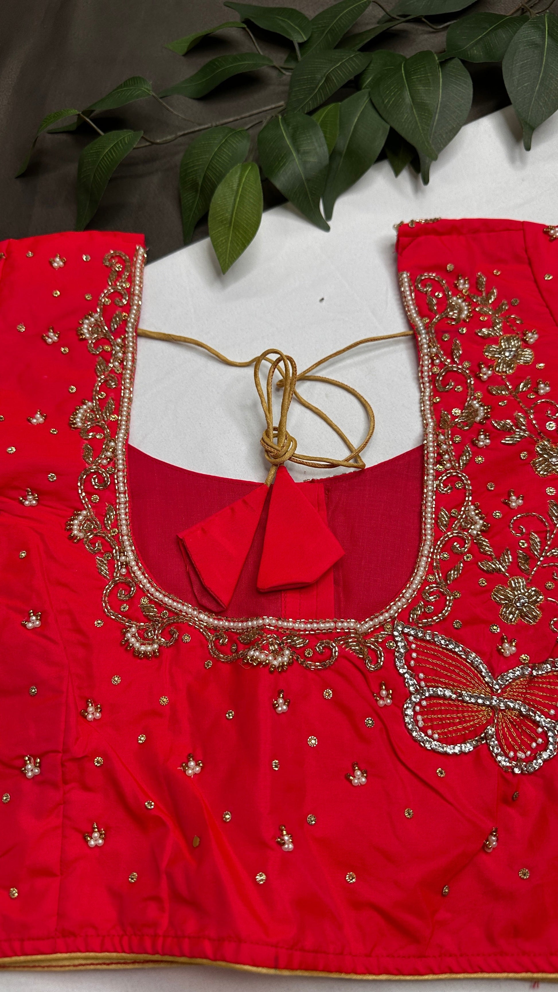 Butterfly Pattern Pink Silk Maggam Aari Pearl Work Blouse - 