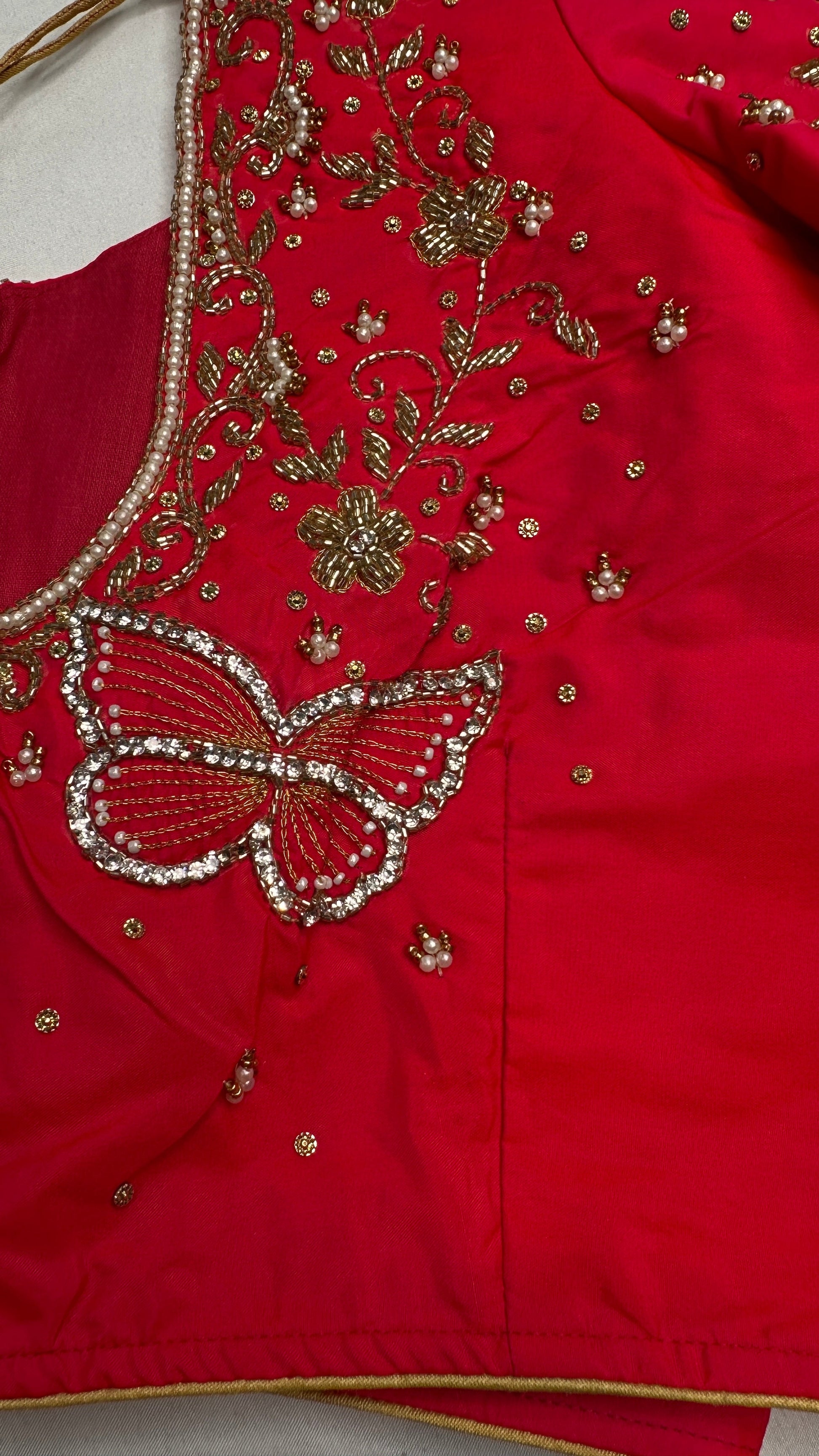 Butterfly Pattern Pink Silk Maggam Aari Pearl Work Blouse - 