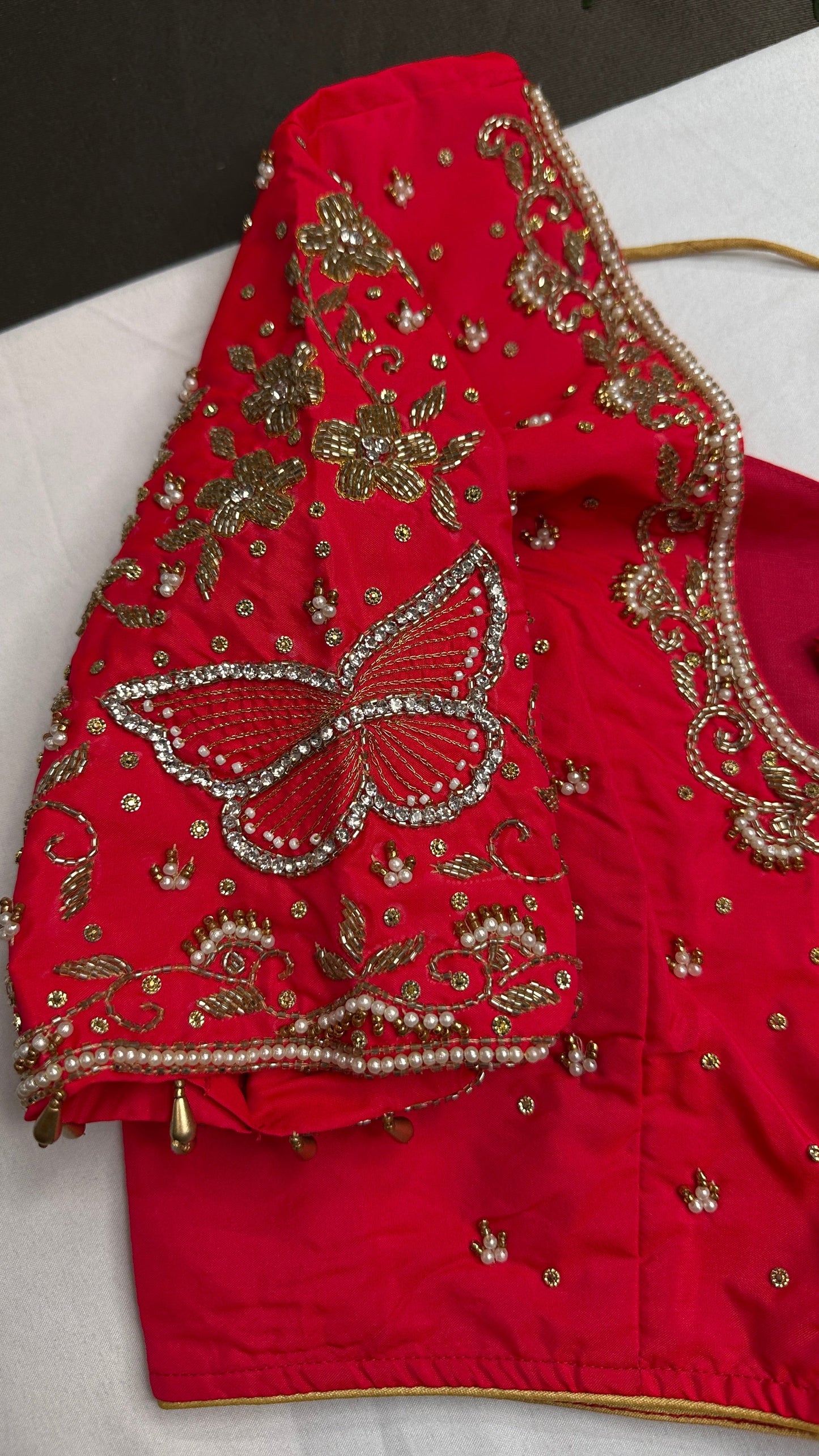 Butterfly Pattern Pink Silk Maggam Aari Pearl Work Blouse - 