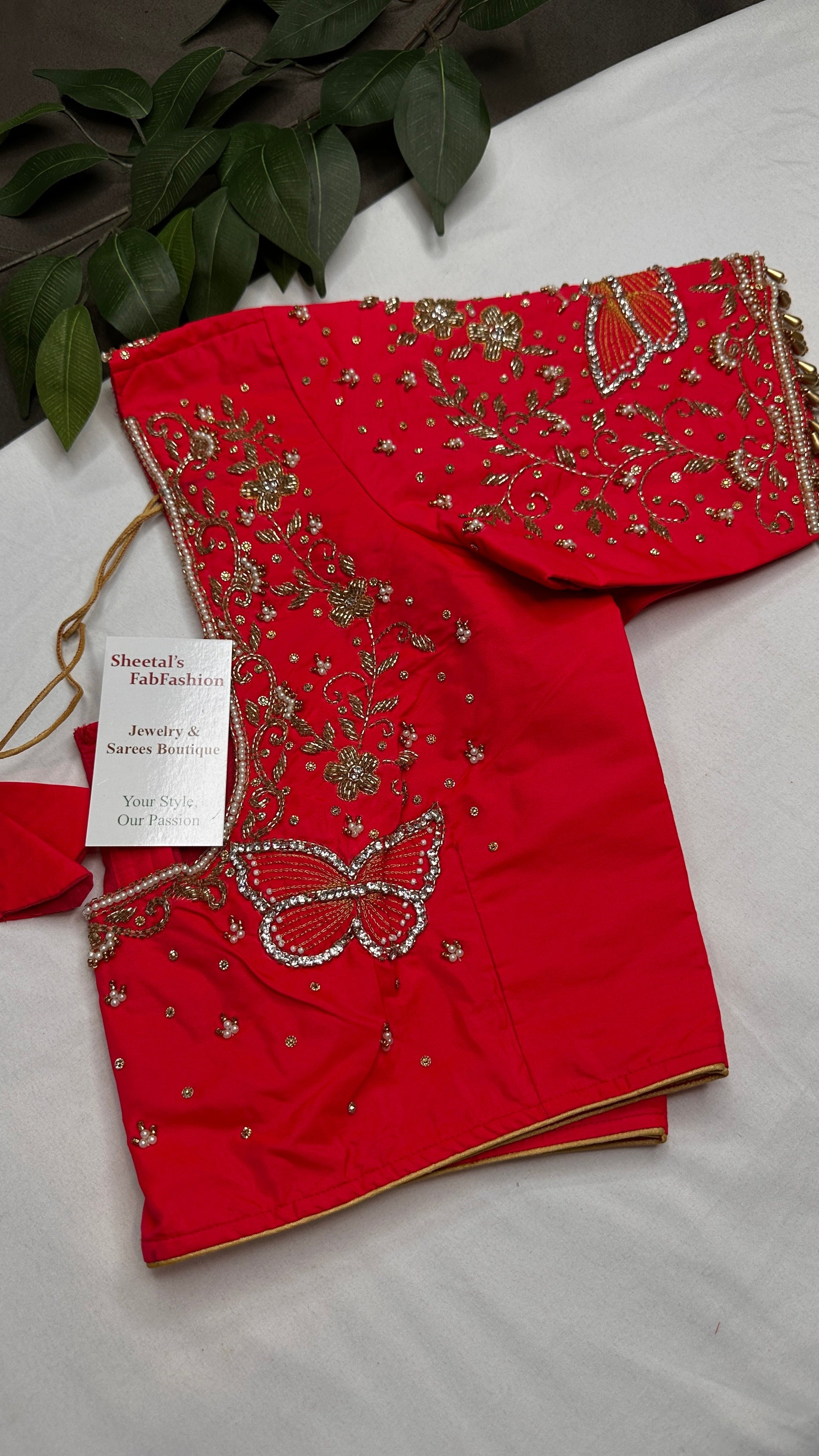 Butterfly Pattern Pink Silk Maggam Aari Pearl Work Blouse - 