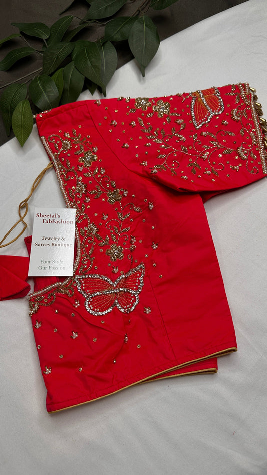 Butterfly Pattern Pink Silk Maggam Aari Pearl Work Blouse - 
