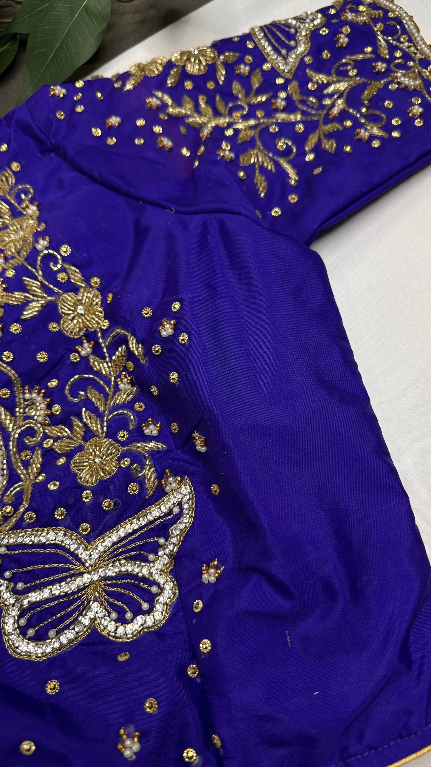 Butterfly Pattern Blue Silk Maggam Aari Pearl Work Blouse - 