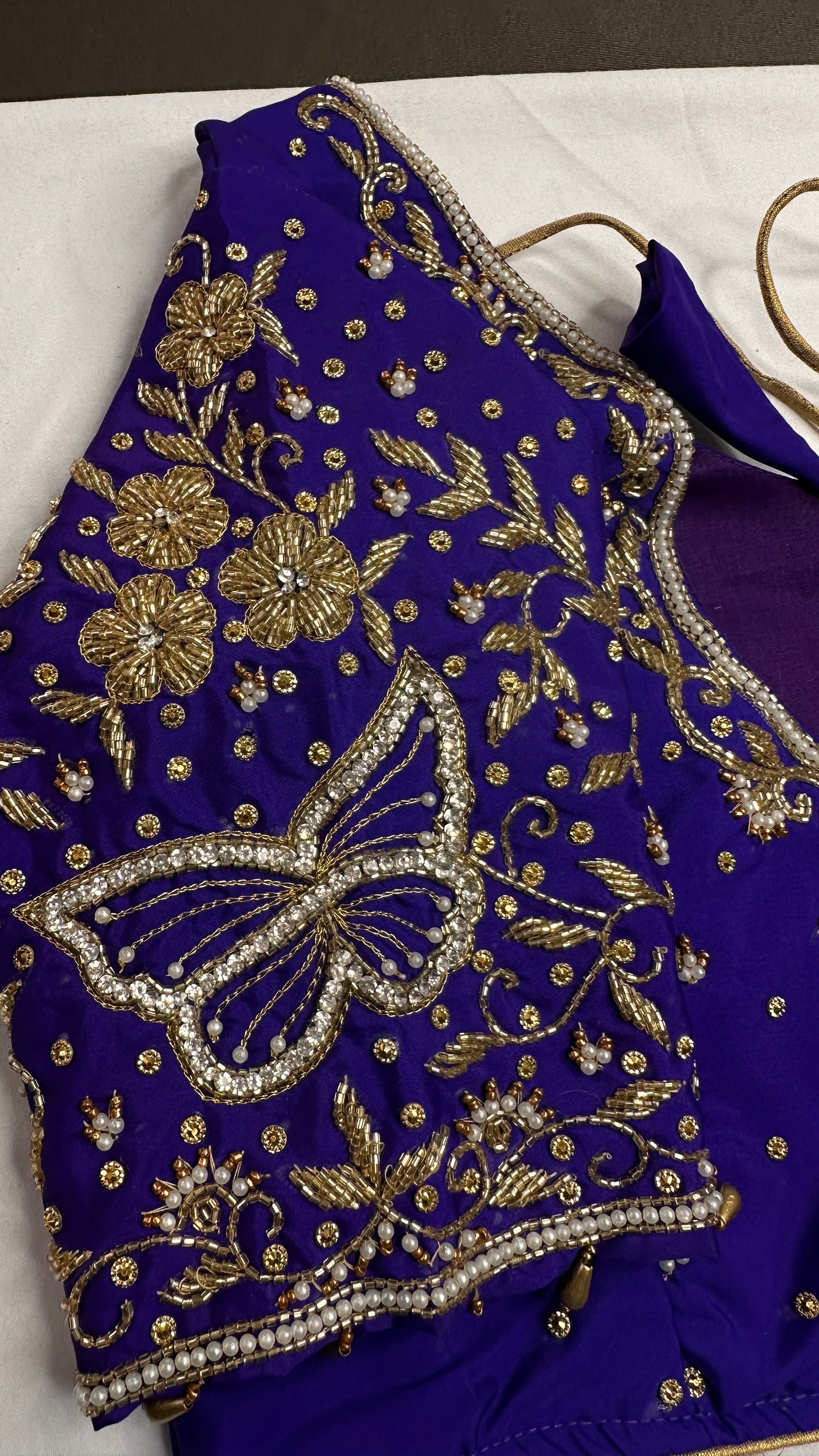 Butterfly Pattern Blue Silk Maggam Aari Pearl Work Blouse - 