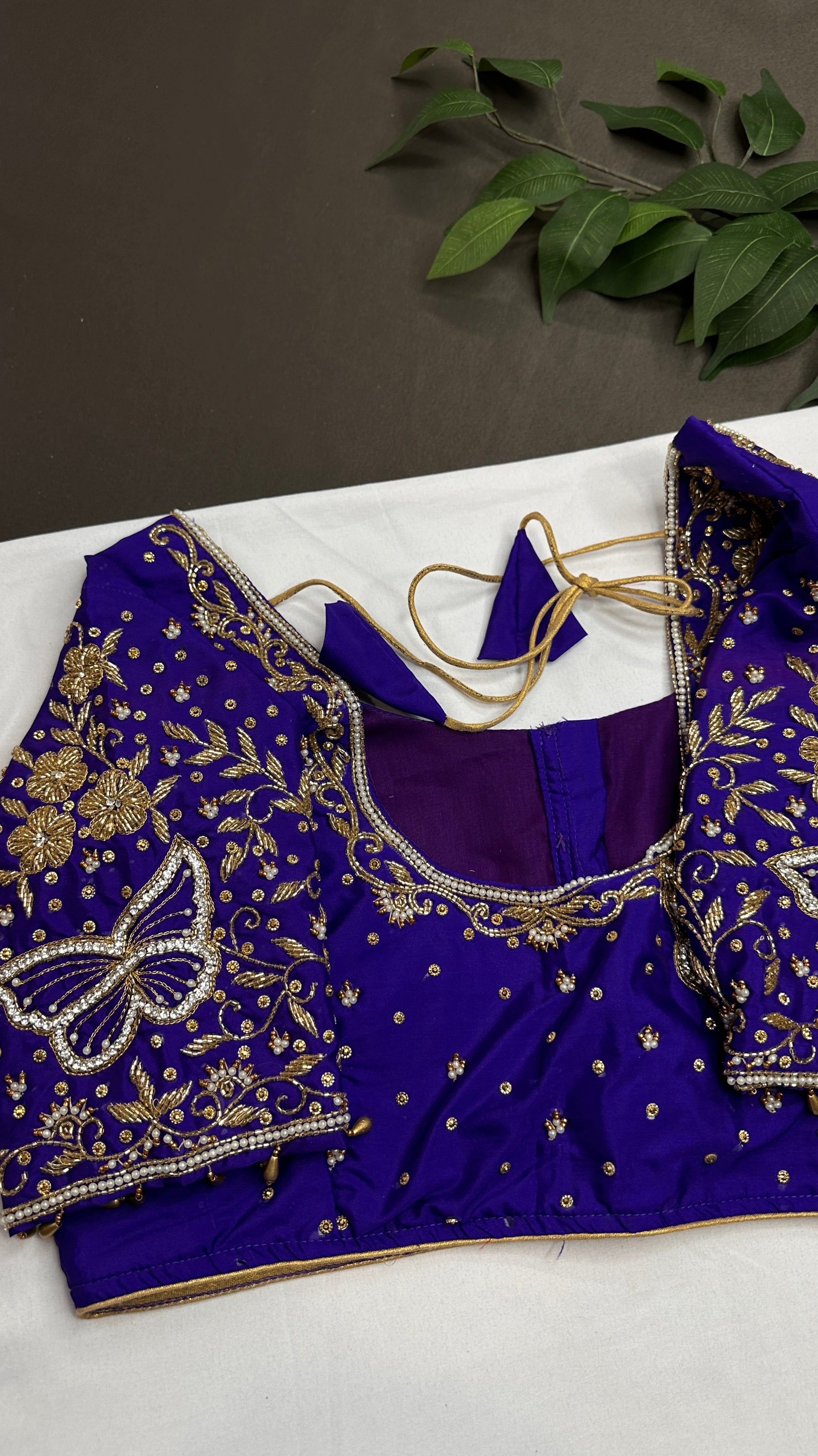 Butterfly Pattern Blue Silk Maggam Aari Pearl Work Blouse - 